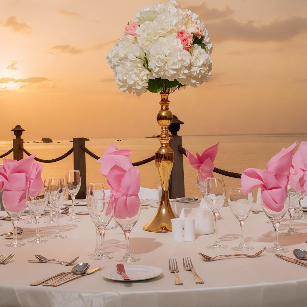 A sophisticated table setup featuring pink napkins and floral arrangements, set against the backdrop of a sunset sea view, perfect for an unforgettable destination wedding.