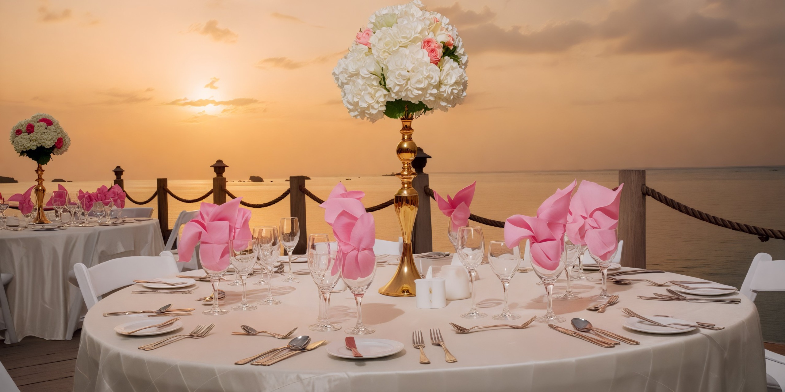 A sophisticated table arrangement by the sea at sunset, adorned with pink and white decor, perfect for a destination wedding.