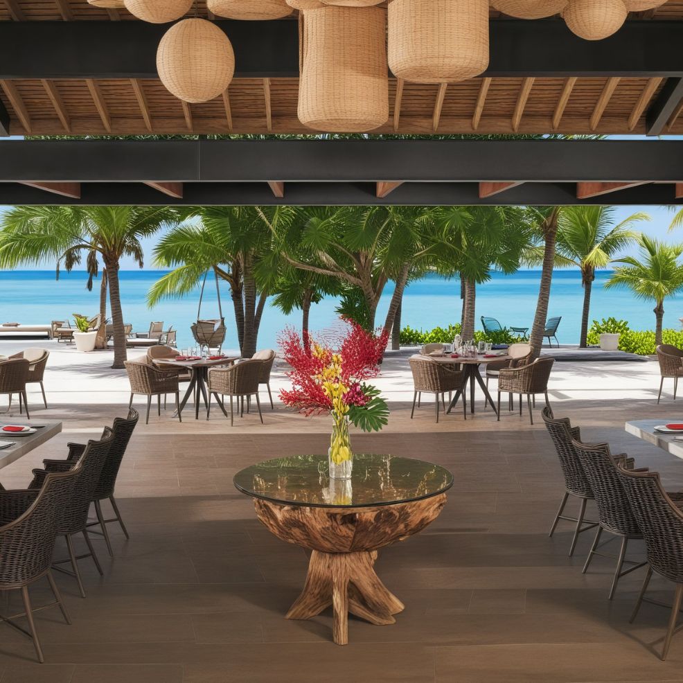 Beachside restaurant with tropical decor and ocean view, perfect for an open-air destination wedding.