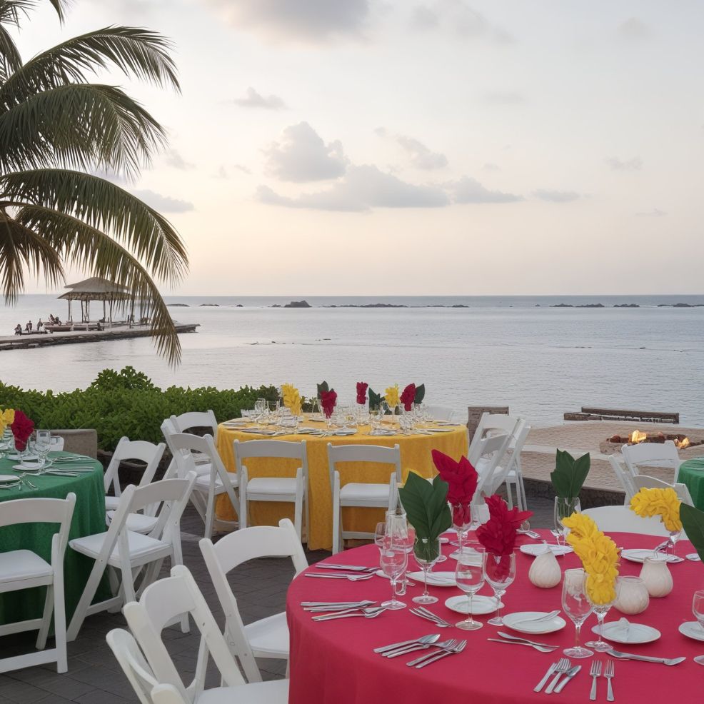 As the sun sets, tables adorned with vibrant cloths and elegant decorations are beautifully arranged by the beach, creating a perfect setting for a destination wedding.