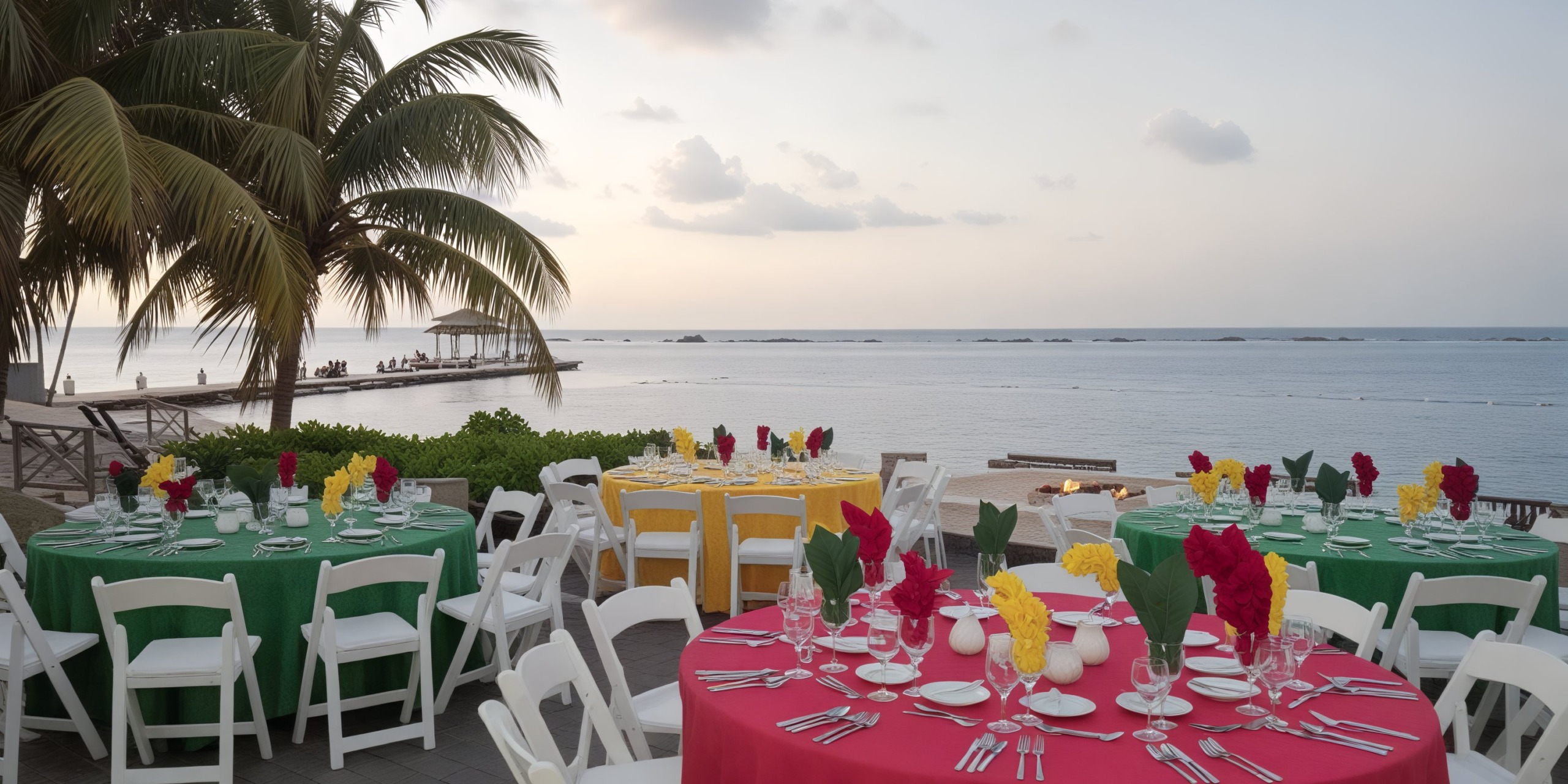 A picturesque outdoor wedding dining setup by the sea, adorned with colorful tablecloths and surrounded by lush palm trees.