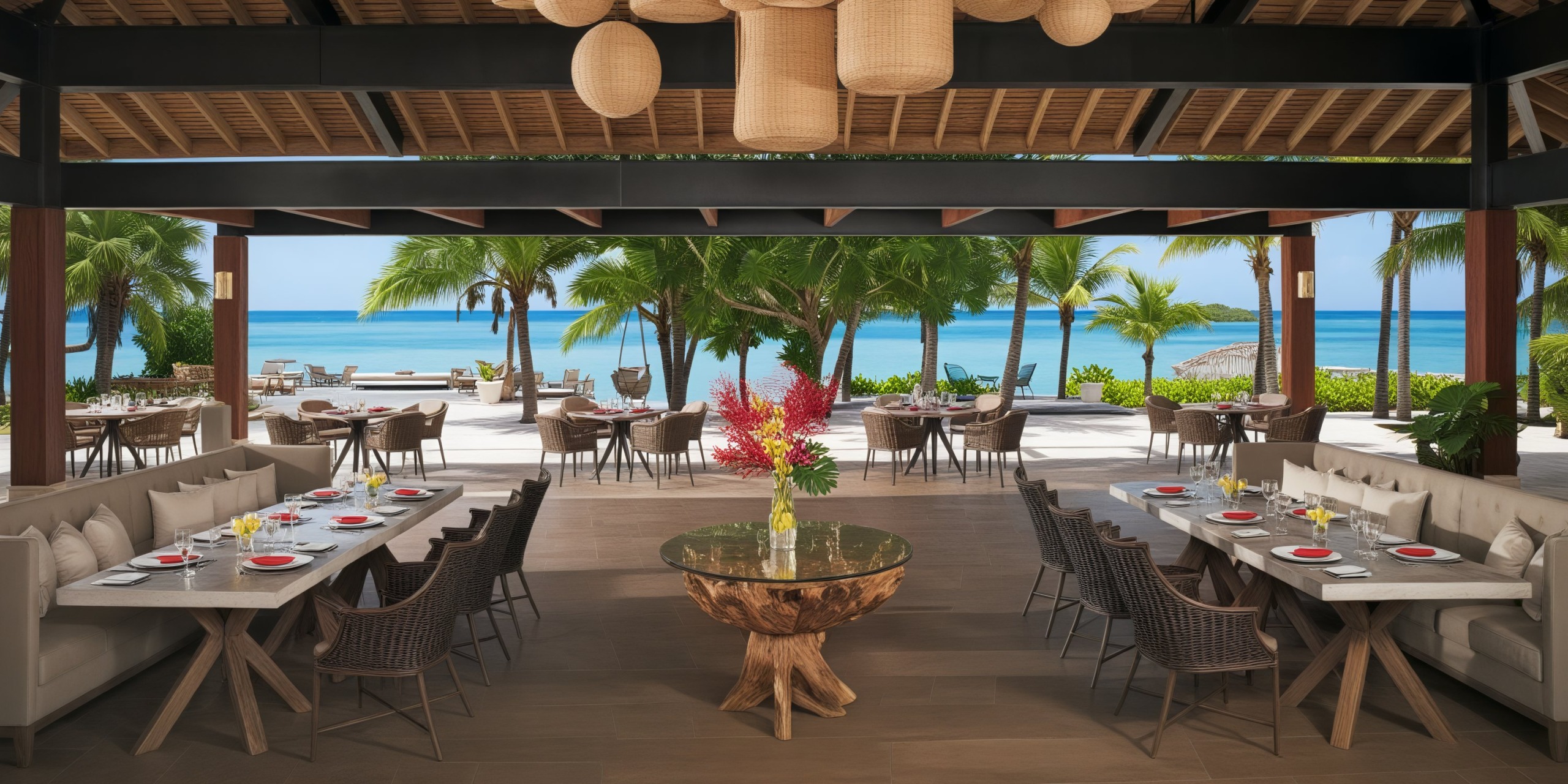 Open-air dining area with an ocean view, elegantly set tables, surrounded by palm trees and lush greenery—an idyllic setting perfect for a destination wedding.