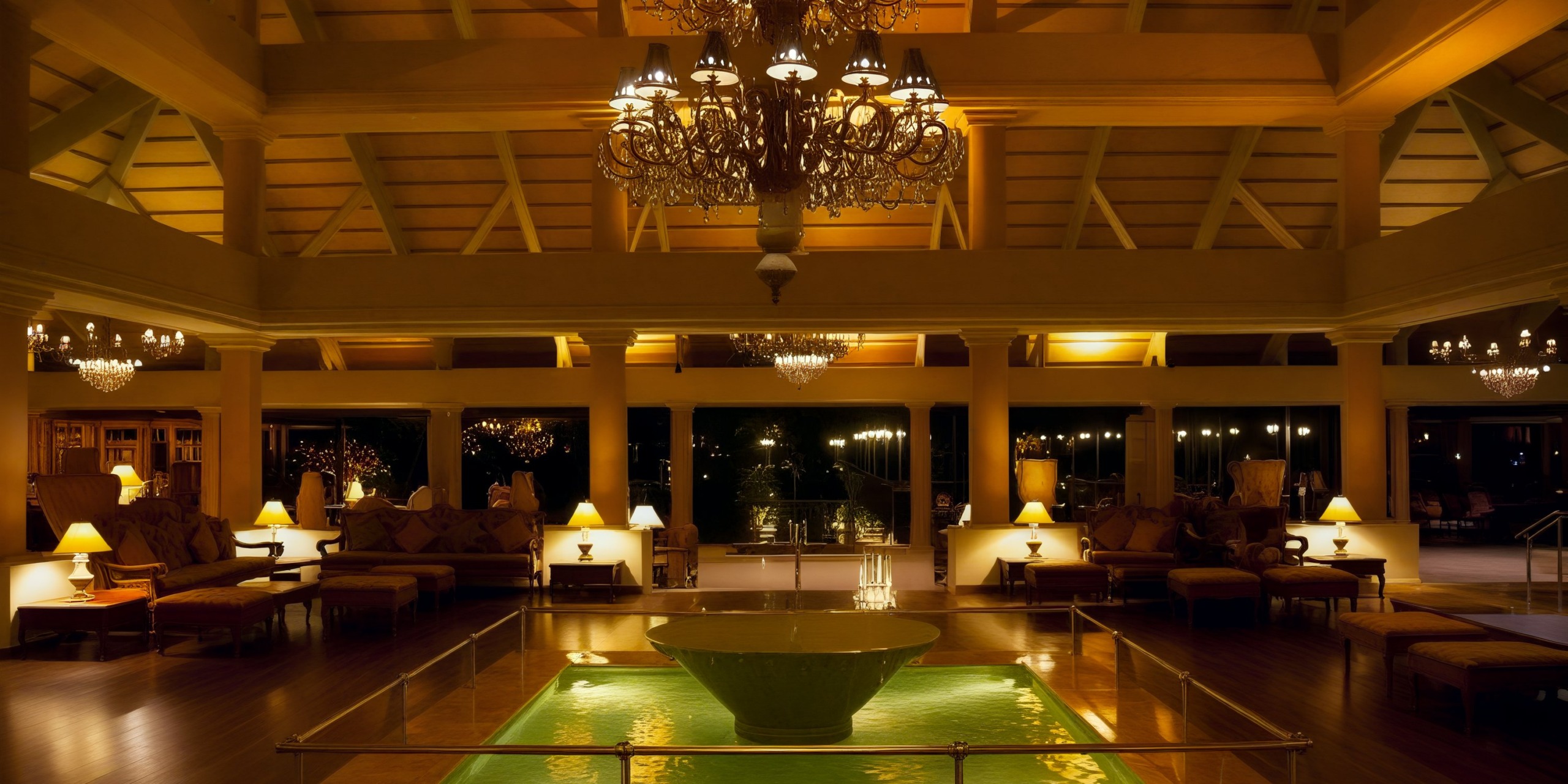 An elegant hotel lobby sets the perfect stage for a destination wedding, featuring chandeliers, inviting seating areas, and a stunning central water feature.