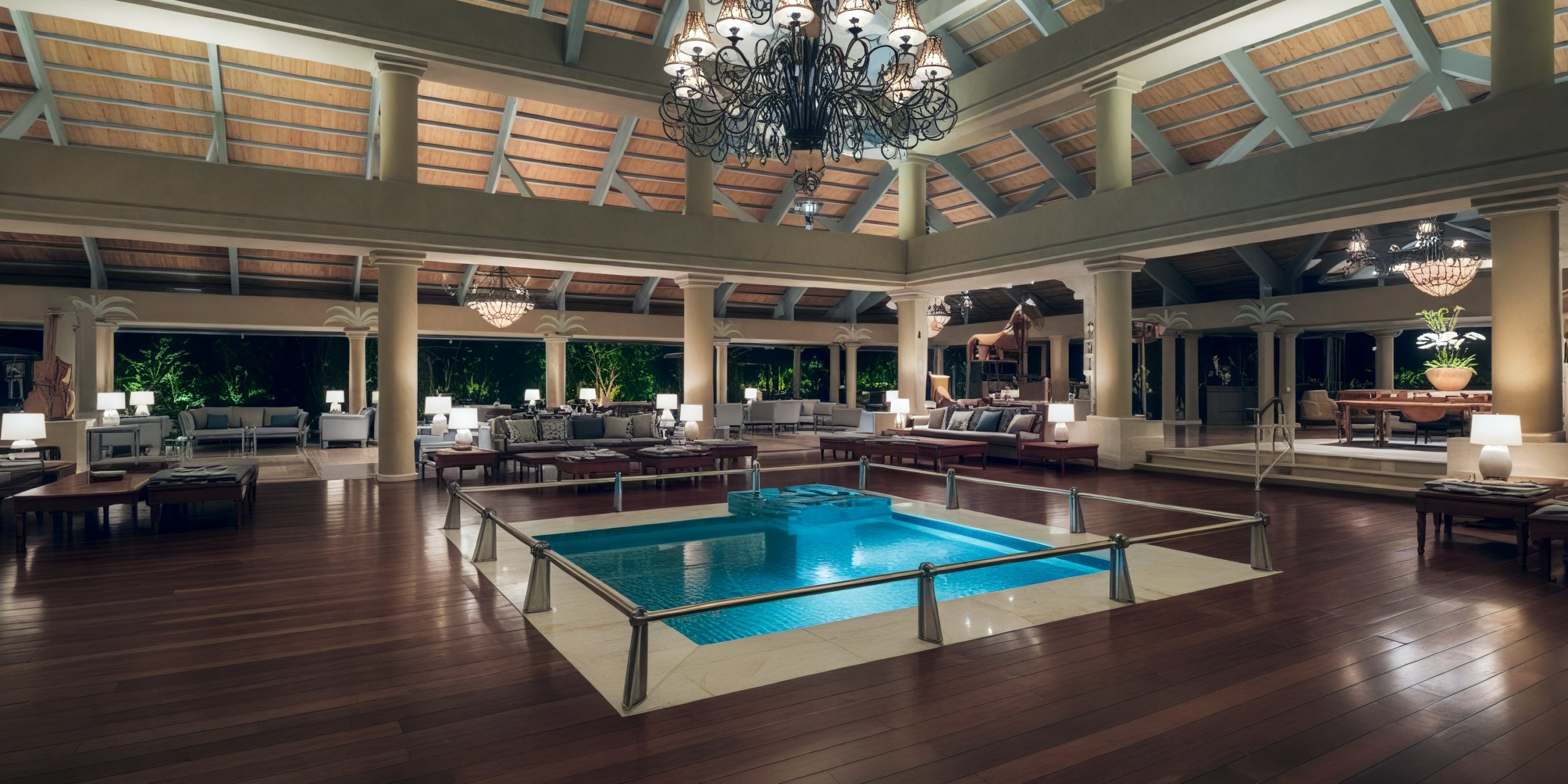 The lavish indoor pool area, adorned with elegant chandeliers and exquisite wooden flooring, offers the perfect setting for an unforgettable destination wedding.