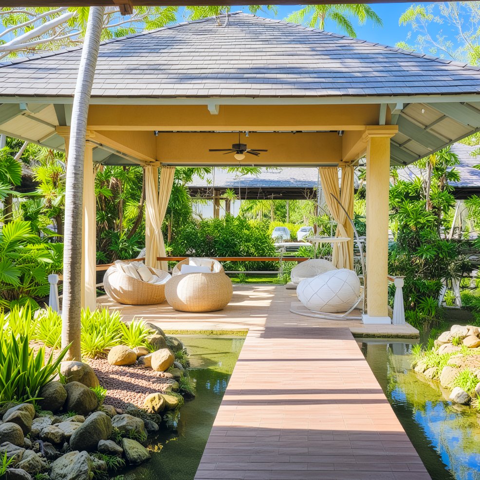 An open-air gazebo adorned with wicker chairs, set amidst lush greenery and a serene pond, creates the perfect ambiance for a destination wedding.