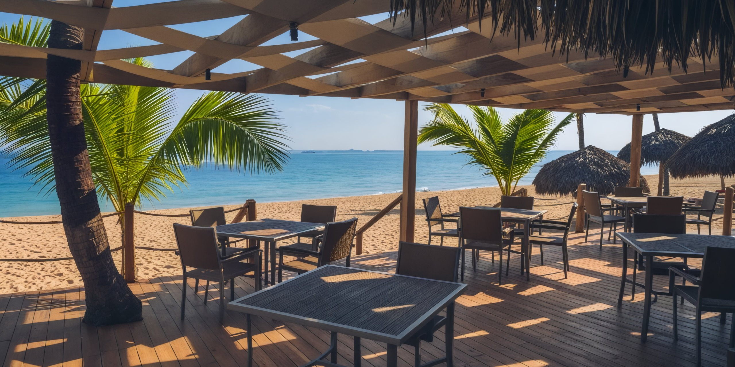 A picturesque beachfront restaurant, featuring tables nestled among palm trees with stunning ocean views, making it the perfect spot for a destination wedding.