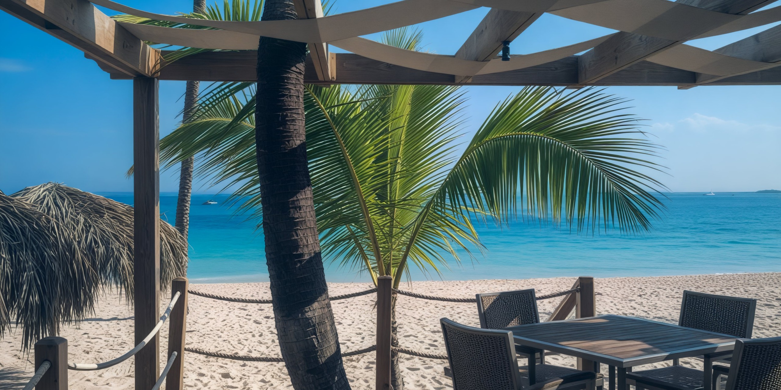 A destination wedding backdrop featuring a stunning beach view adorned with palm trees, a sandy shore, and the serene blue ocean, all complemented by a charming wooden table set under a pergola.