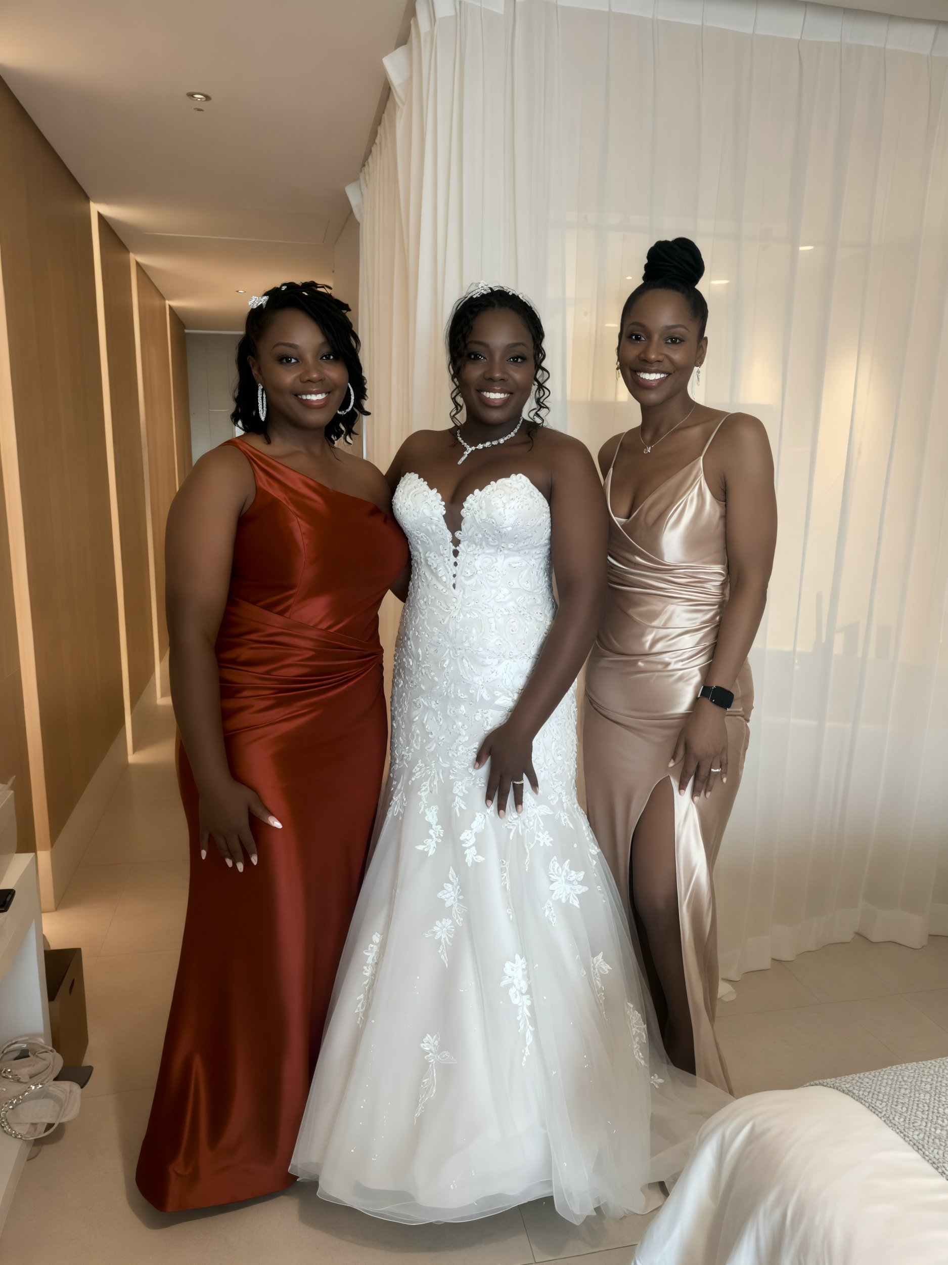 Three women beam with joy; one is dressed in a stunning white wedding gown, while the others are elegantly adorned in their evening dresses, all celebrating at a beautiful destination wedding.