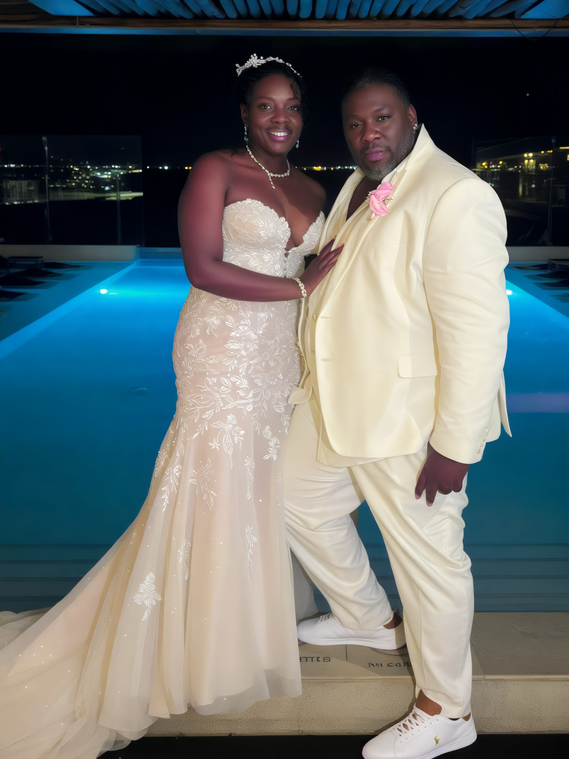 Sheneka and Andre are elegantly dressed in formal attire by the pool at night, with Sheneka stunning in her wedding gown, capturing the essence of their destination wedding.