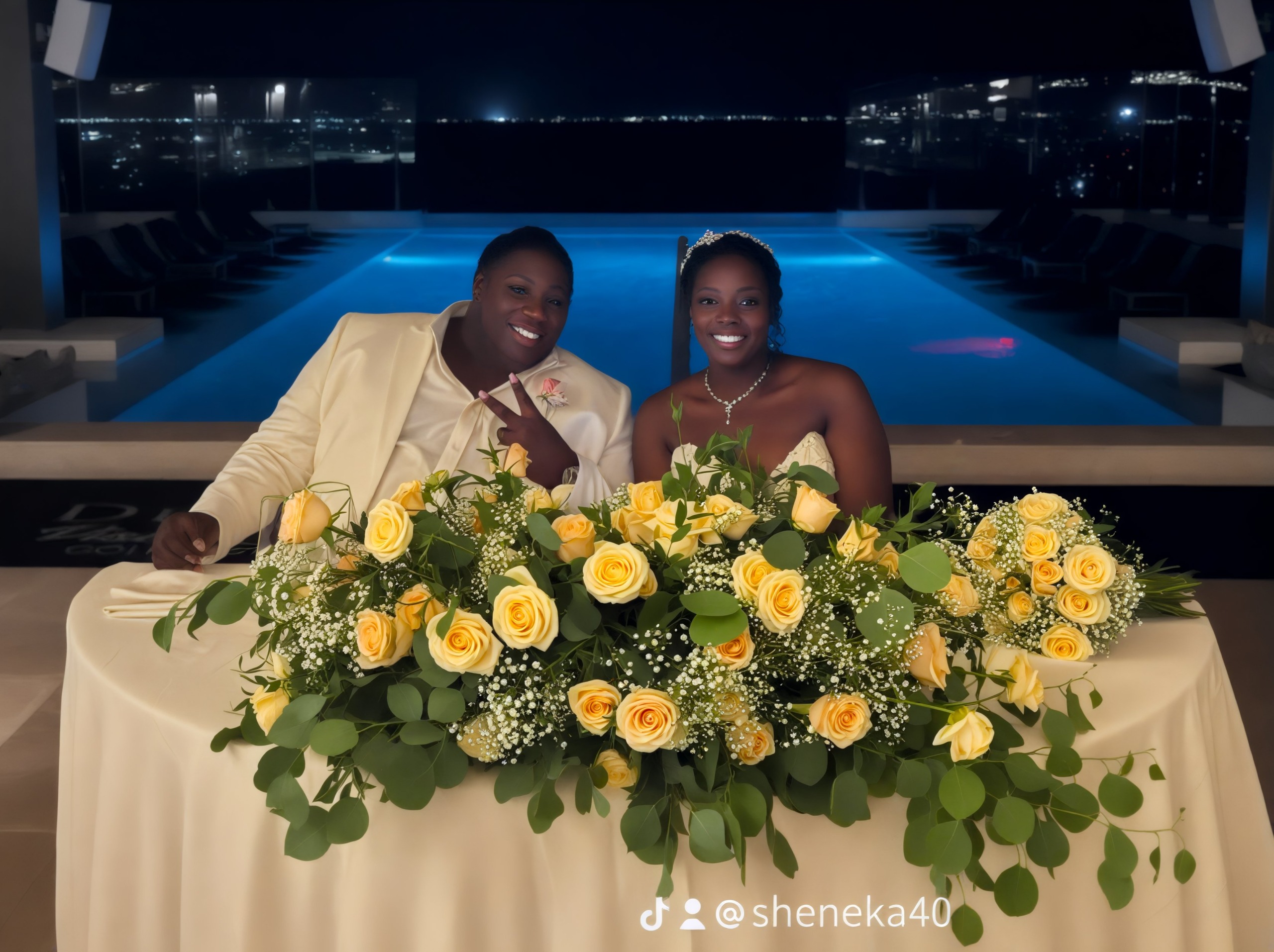 Sheneka and Andre share a smile at their destination wedding, seated at a table adorned with yellow roses by the pool under the night sky.