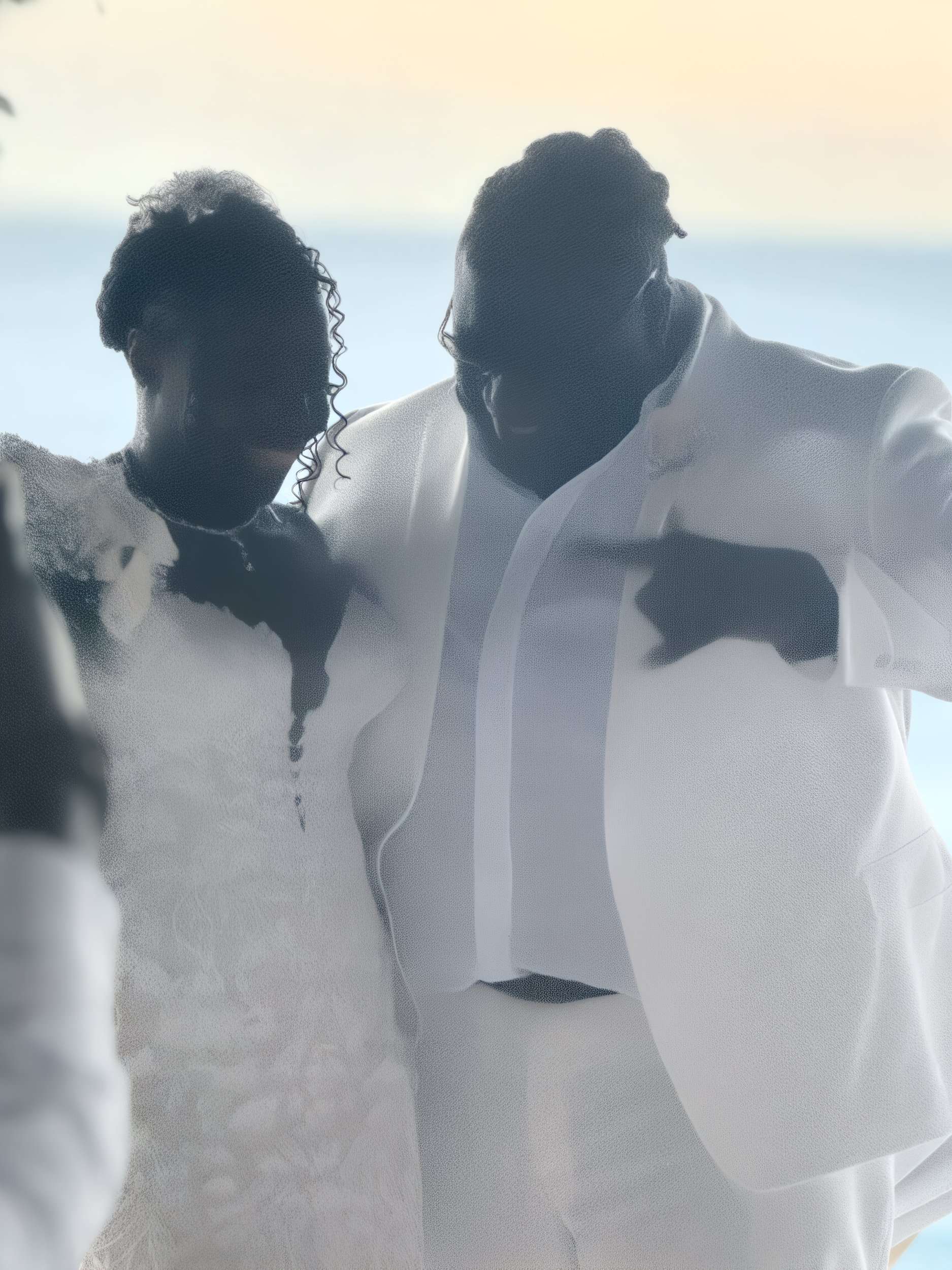 Sheneka and Andre stand side by side, dressed in white attire, with the ocean serving as a stunning backdrop for their destination wedding.