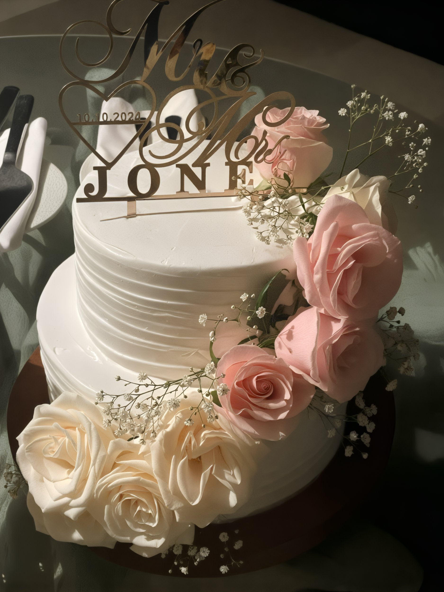 A stunning two-tier wedding cake adorned with delicate pink and white roses, topped with a "Sheneka and Andre" ornament, perfect for a romantic destination wedding.