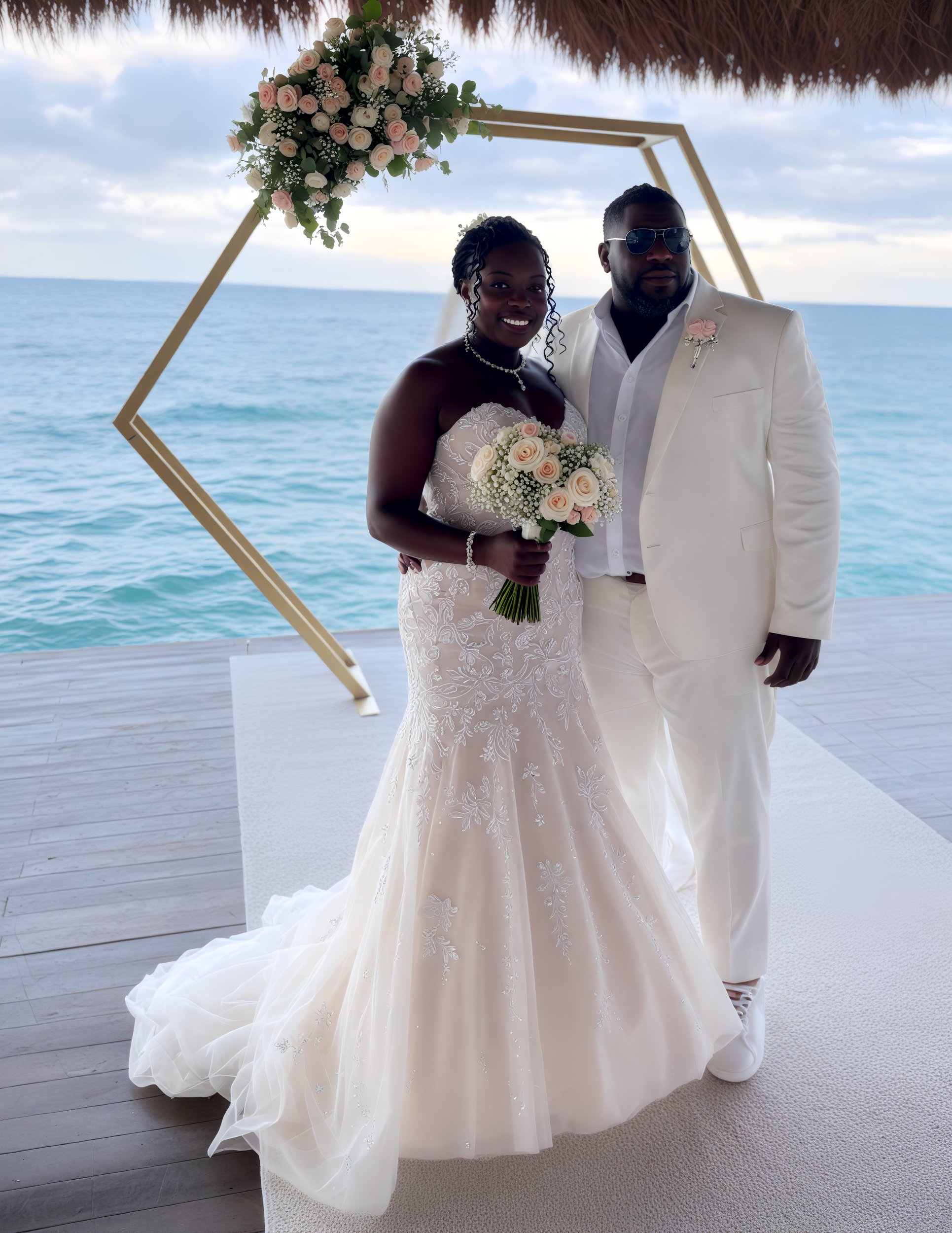 Sheneka and Andre stand by the sea in their wedding attire, framed beautifully by a floral arch, capturing the essence of a stunning destination wedding.