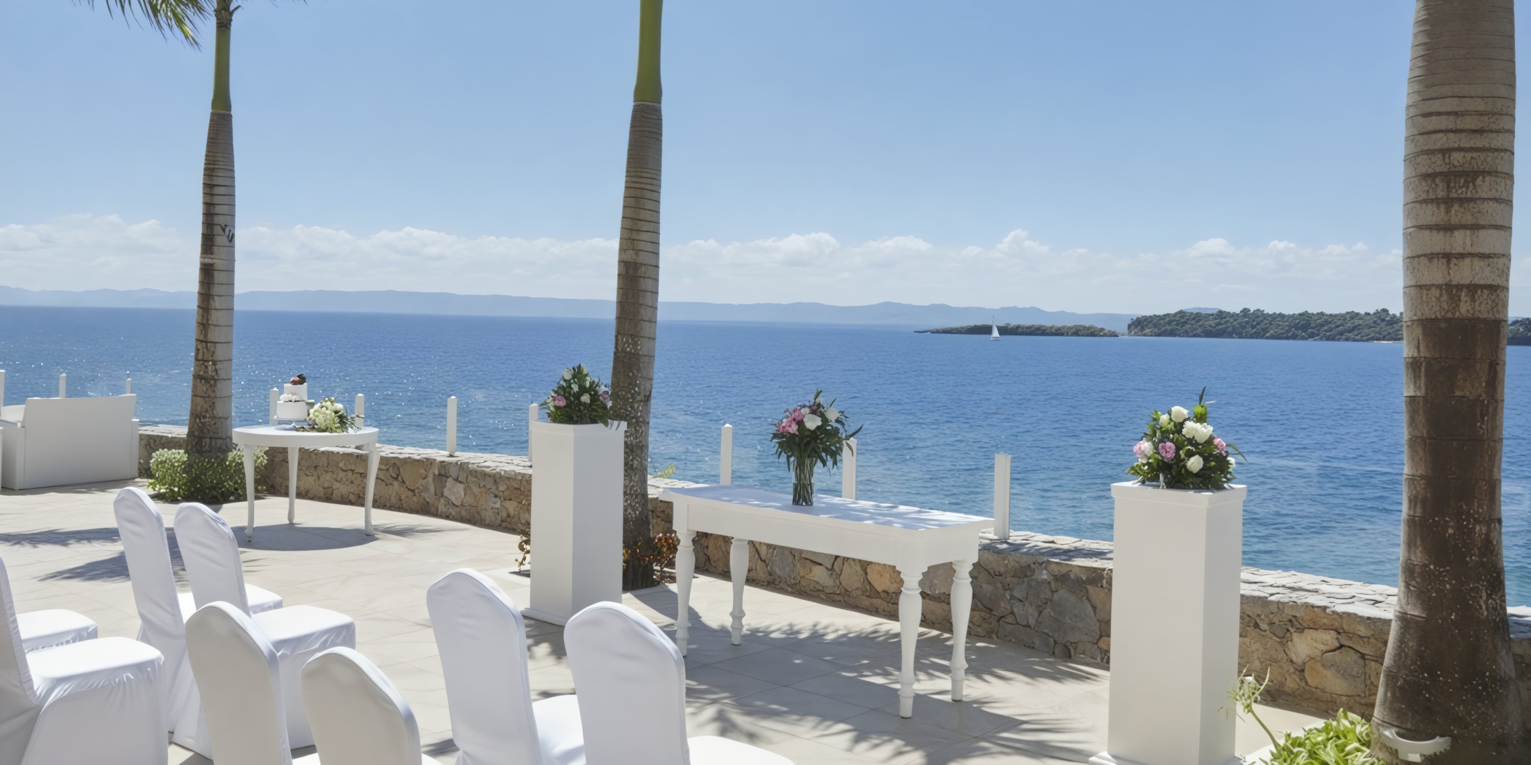 A picturesque destination wedding setup featuring white chairs and floral decor by the sea, set under a clear blue sky.