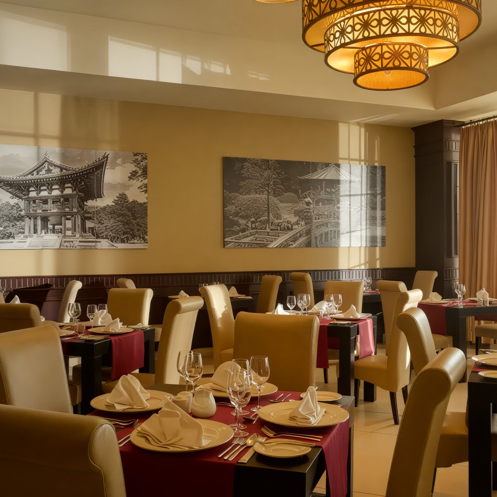 The elegant restaurant interior, perfect for a destination wedding reception, features round tables adorned with red tablecloths and framed artwork displayed on the walls.