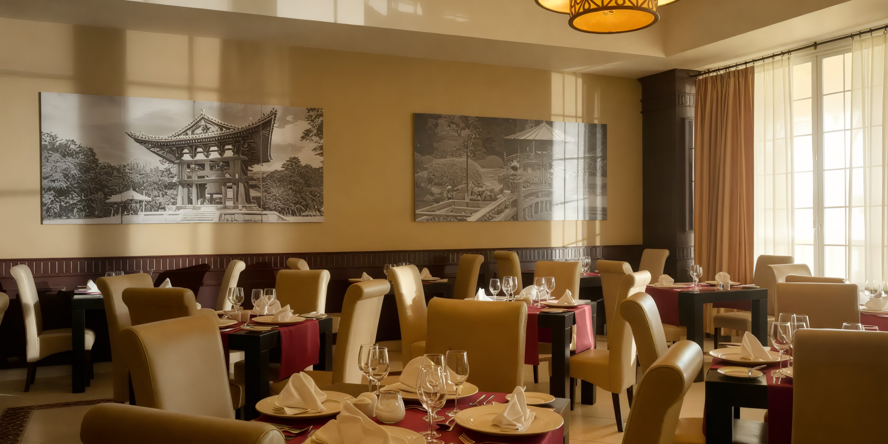 An empty restaurant, elegantly prepared as if awaiting a destination wedding, features neatly set tables and framed photos adorning the walls.