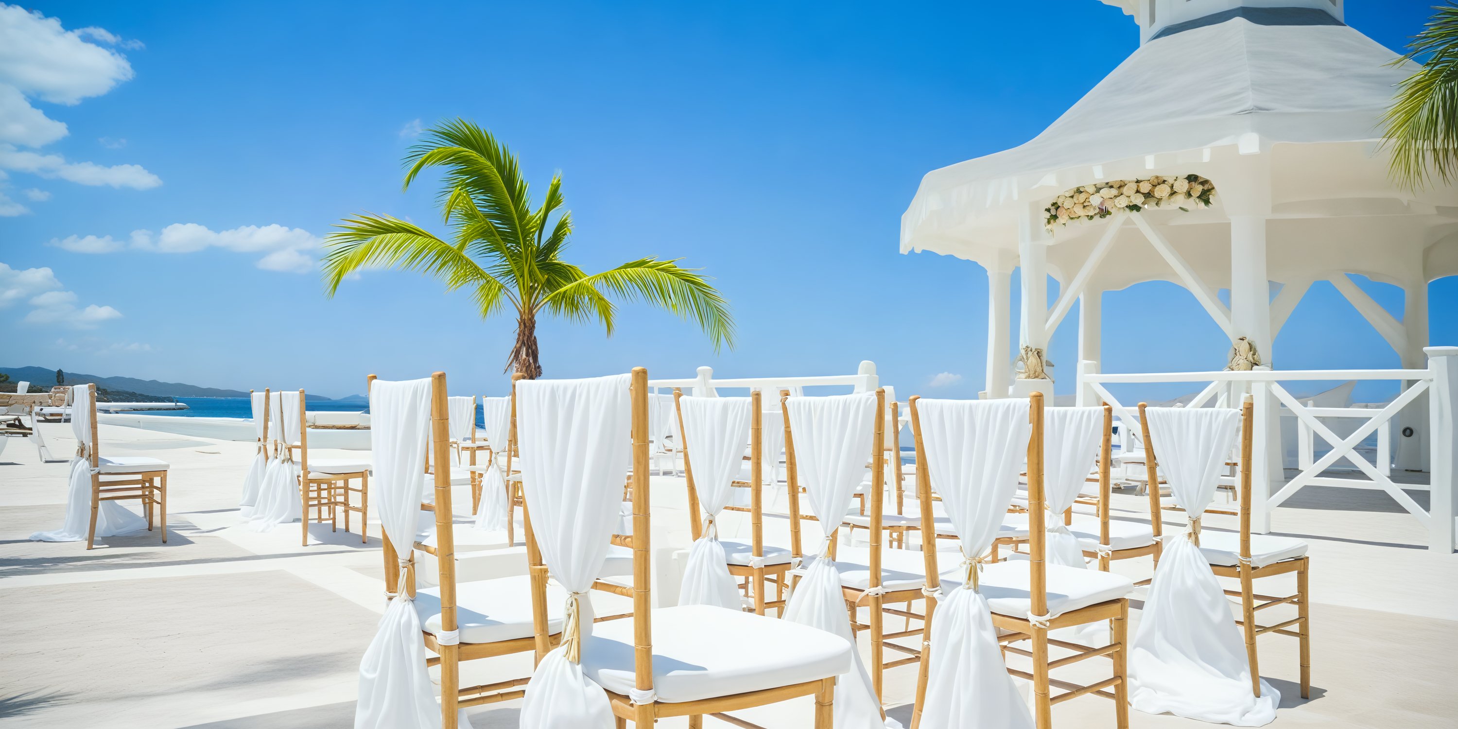 White chairs are elegantly arranged for a destination wedding by the beach, nestled under a charming gazebo with a nearby palm tree adding to the tropical ambiance.