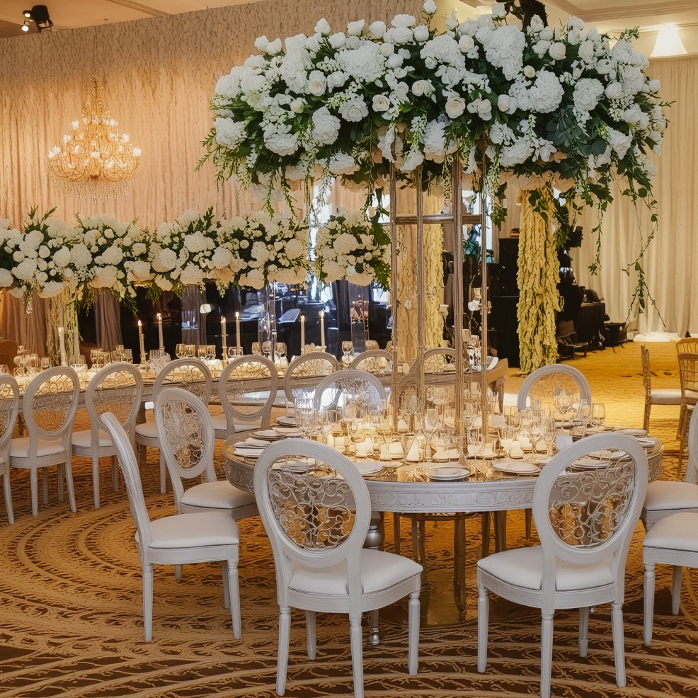 A sophisticated banquet hall designed for a destination wedding, showcasing white floral centerpieces and exquisite ornate chairs surrounding the tables.