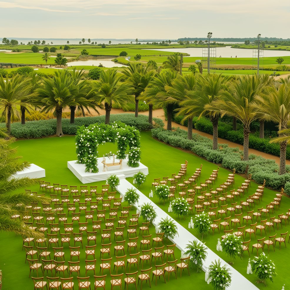 An outdoor destination wedding setup features chairs elegantly arranged around a stunning floral arch on the lush green lawn.