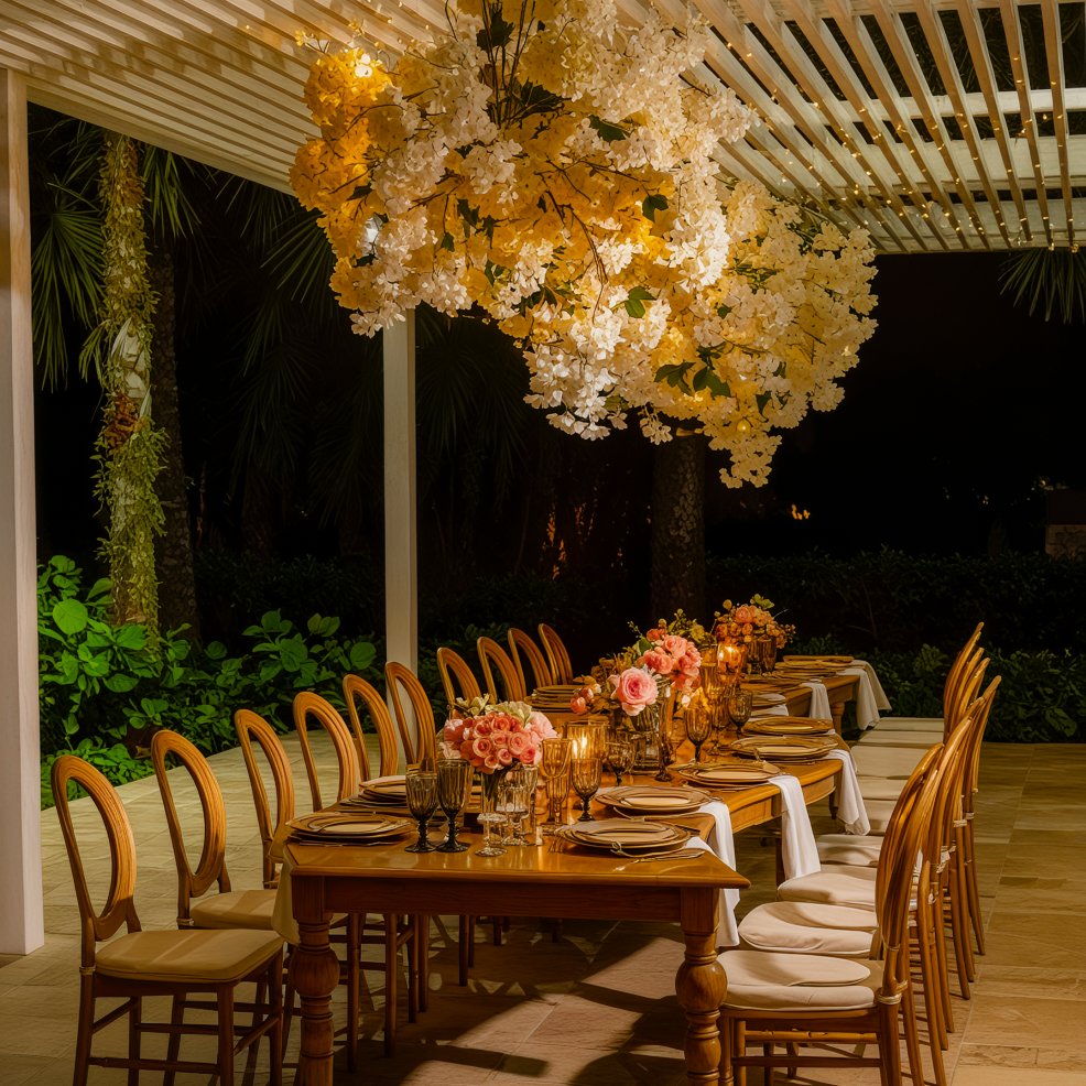 A beautifully set outdoor dining table adorned with elegant flowers sits gracefully under a pergola at night, creating a perfect ambiance for a destination wedding celebration.