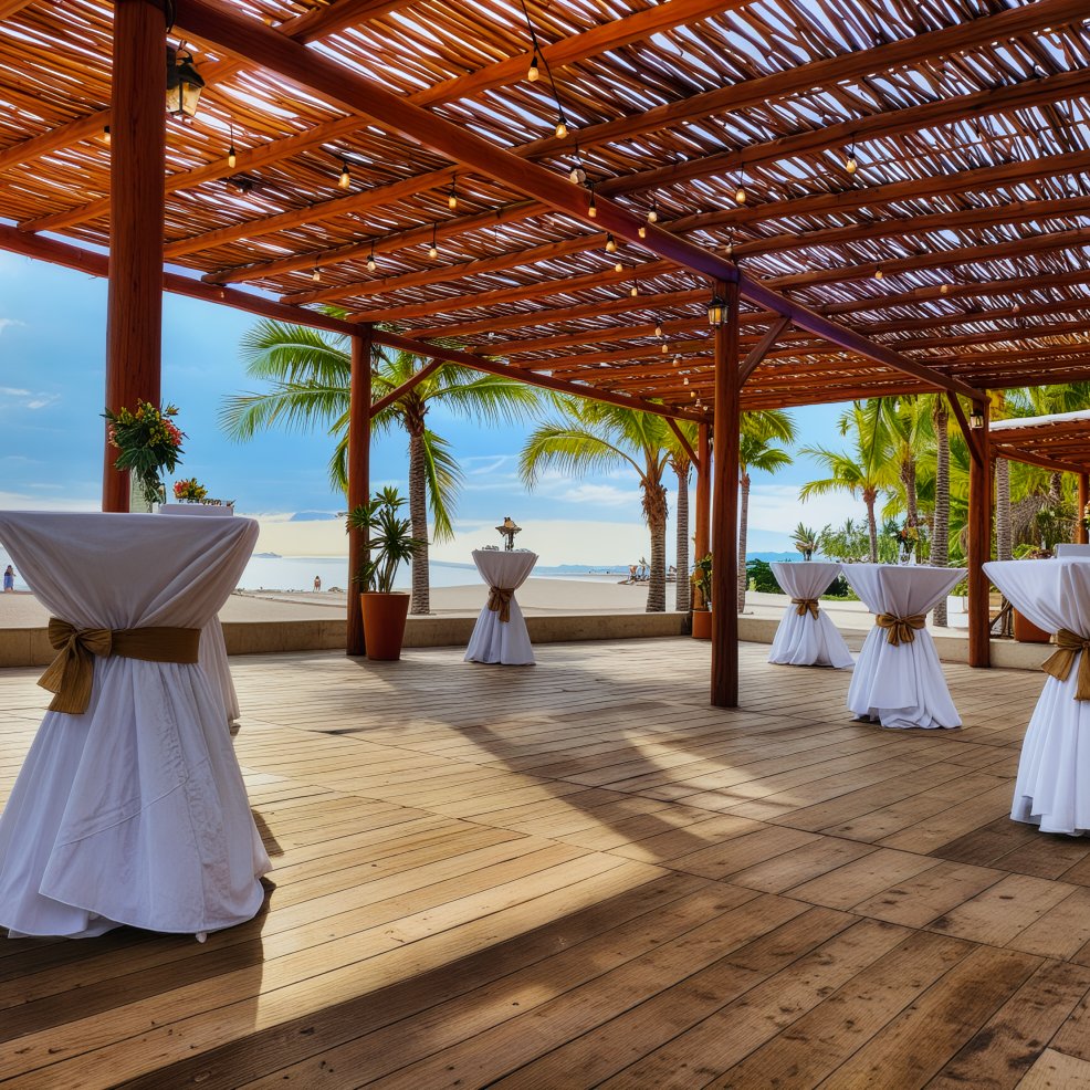 A picturesque beachside patio, perfect for a destination wedding, features tall tables elegantly draped in white cloth beneath a charming wooden pergola.