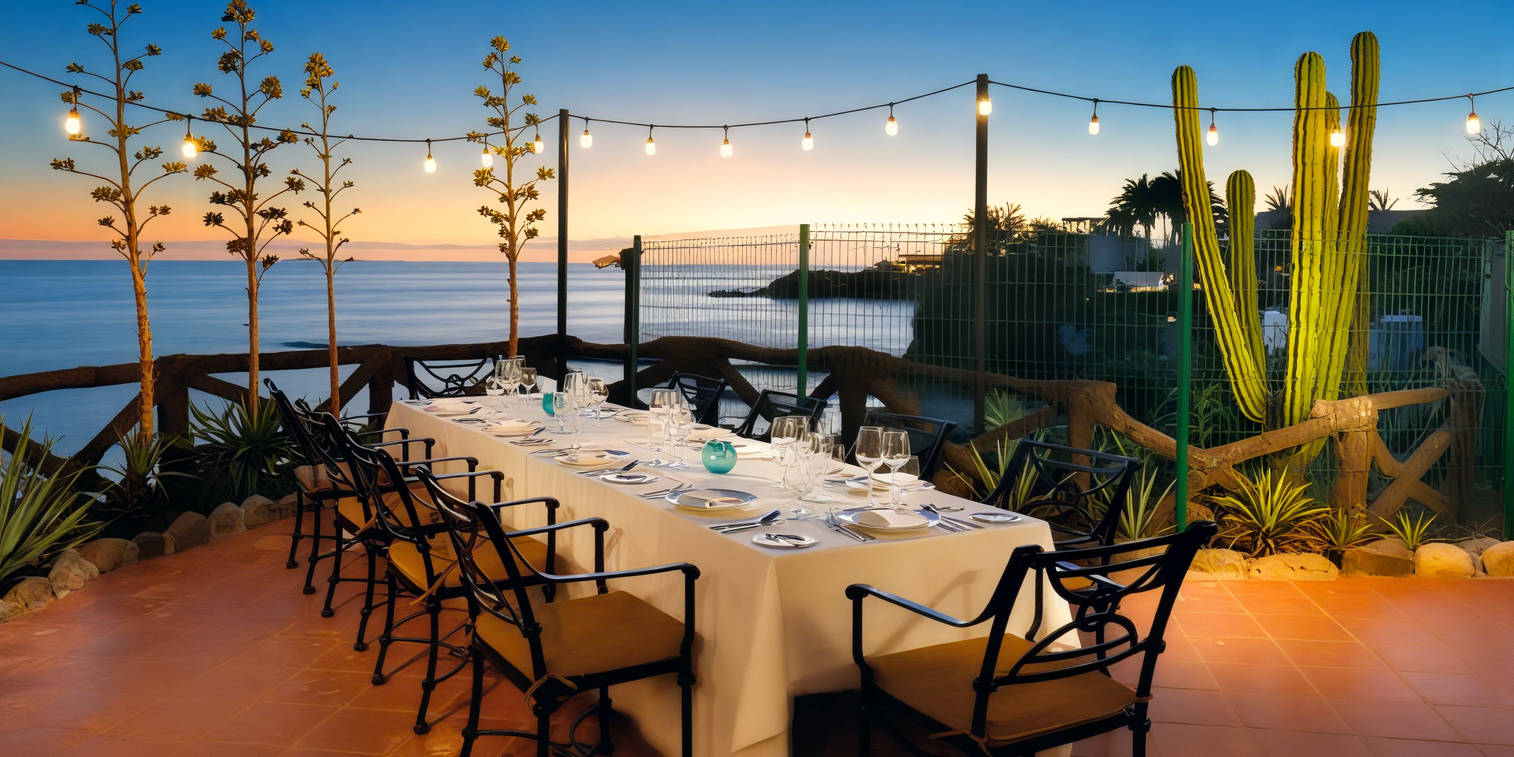 A destination wedding dining setup along the seaside at sunset, adorned with string lights and surrounded by cacti.