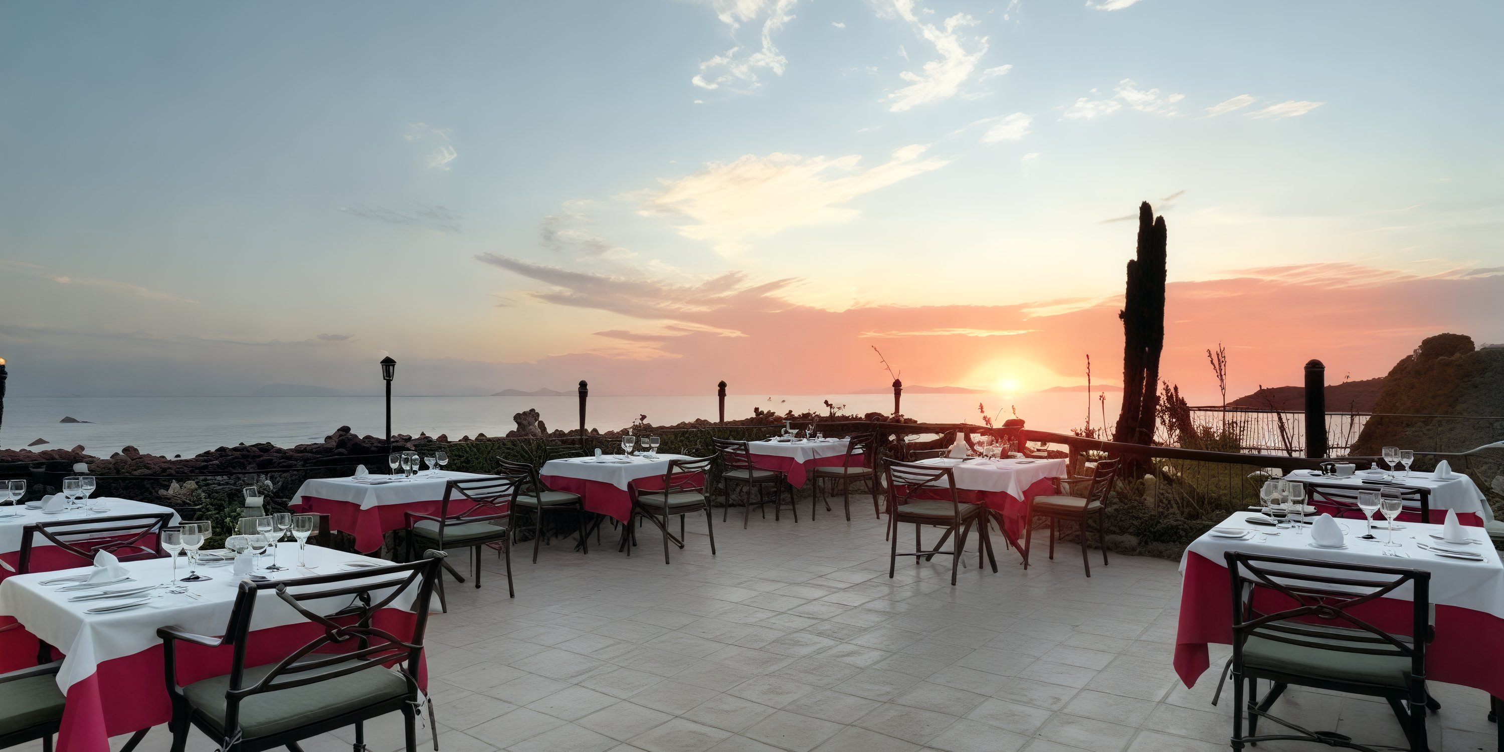 The outdoor restaurant, adorned with red tablecloths, offers a breathtaking sunset sea view, perfect for a destination wedding.