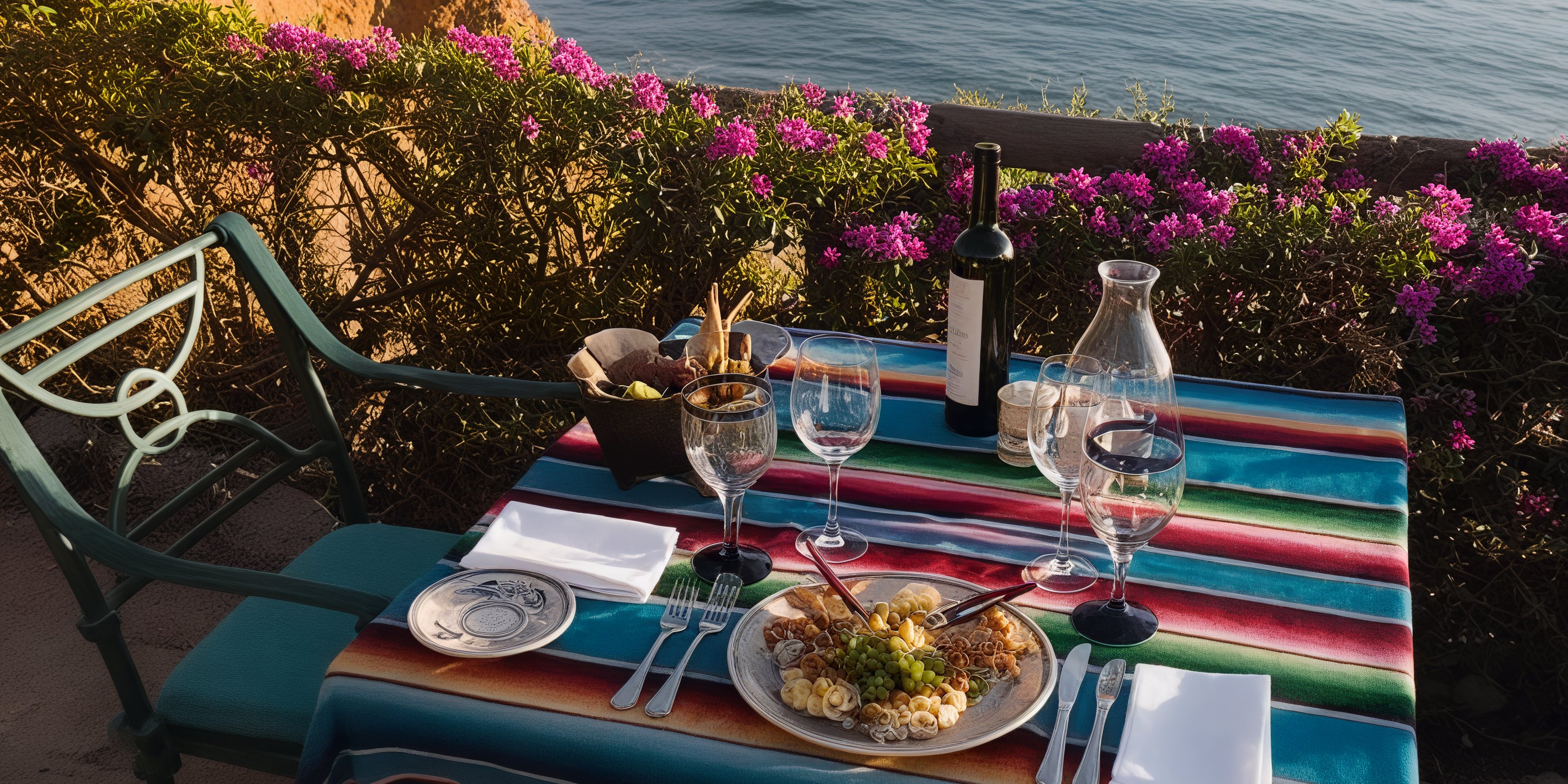 A vibrant and elegantly dressed table set for a dinner, perfect for a destination wedding, offering breathtaking ocean views and adorned with beautiful flowers in the background.