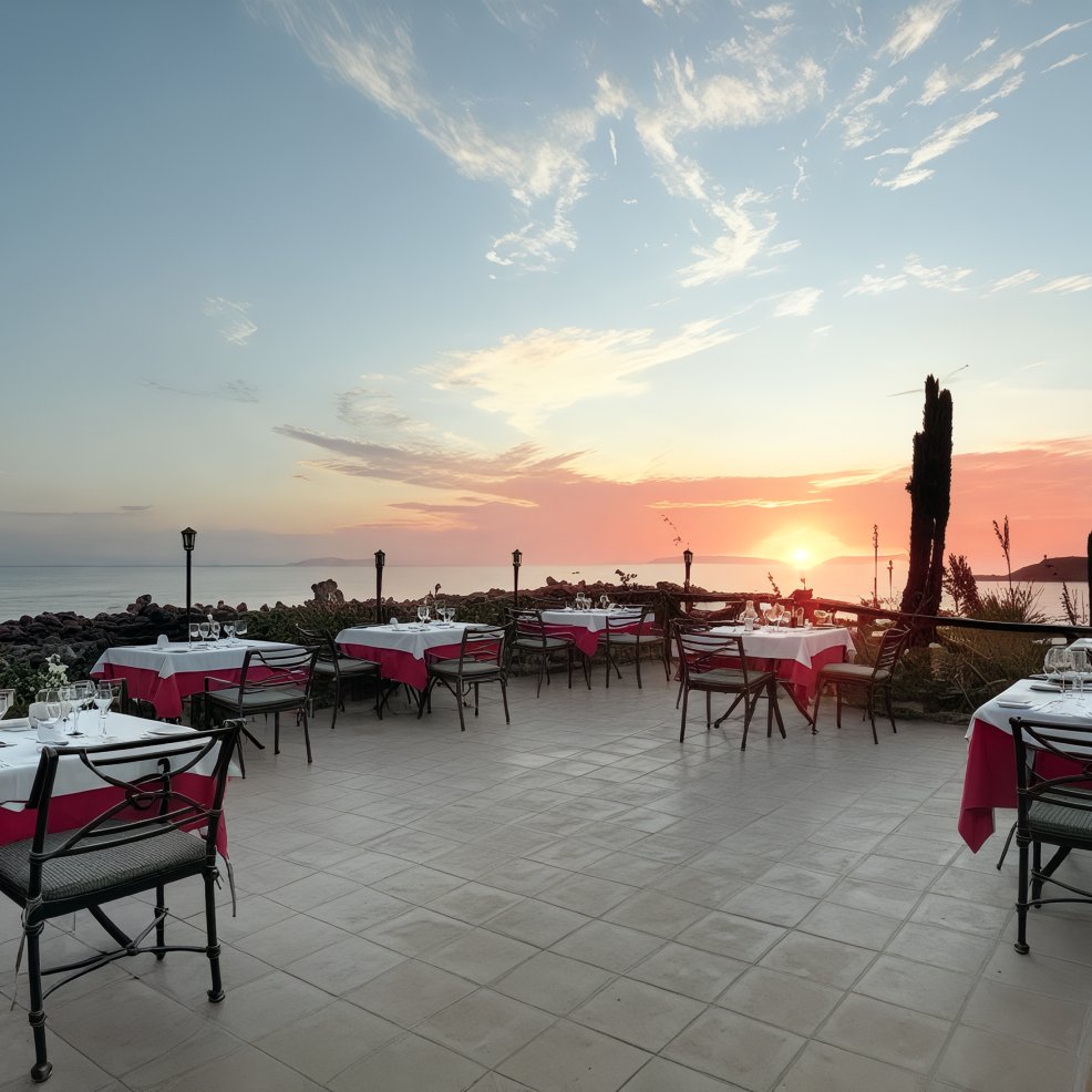 An outdoor restaurant patio elegantly arranged with dining tables, all set against the breathtaking backdrop of a sunset view—imagine this as the perfect setting for a destination wedding.