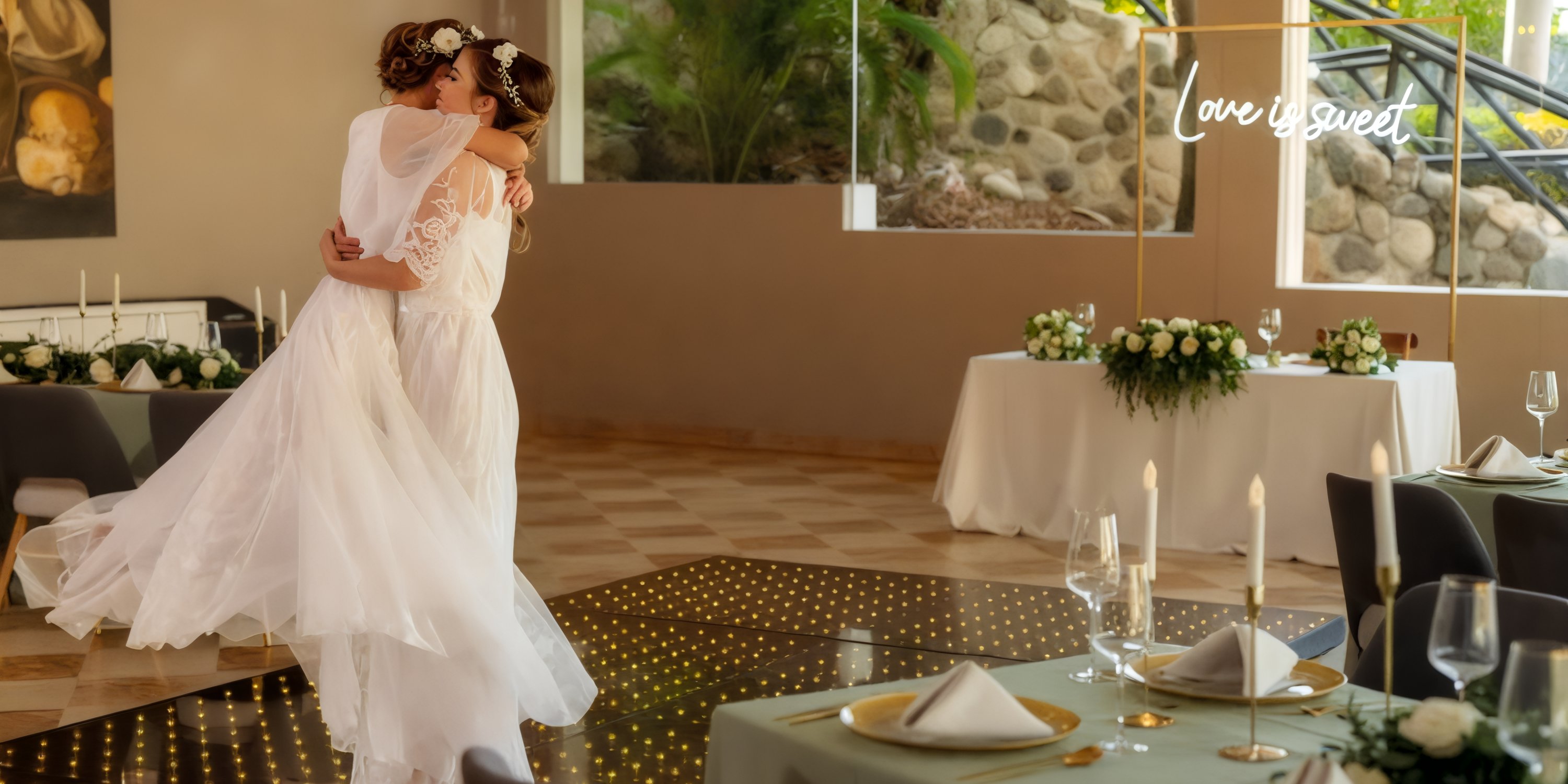 On the dance floor at their destination wedding, two women in wedding dresses share an embrace beneath a neon sign that reads "love is sweet.