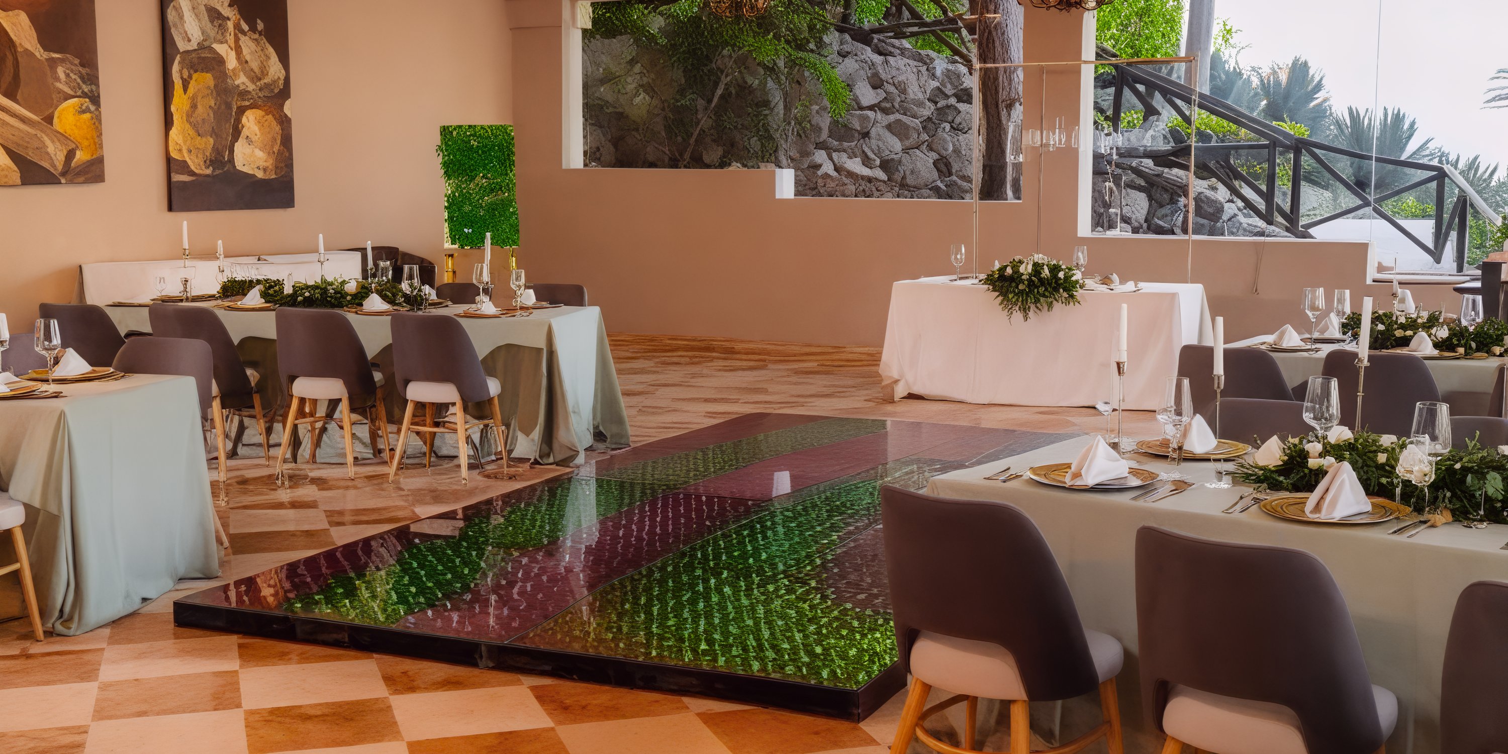 An elegant dining area perfect for a destination wedding, featuring beautifully set tables, a spacious dance floor, and large windows offering stunning views.