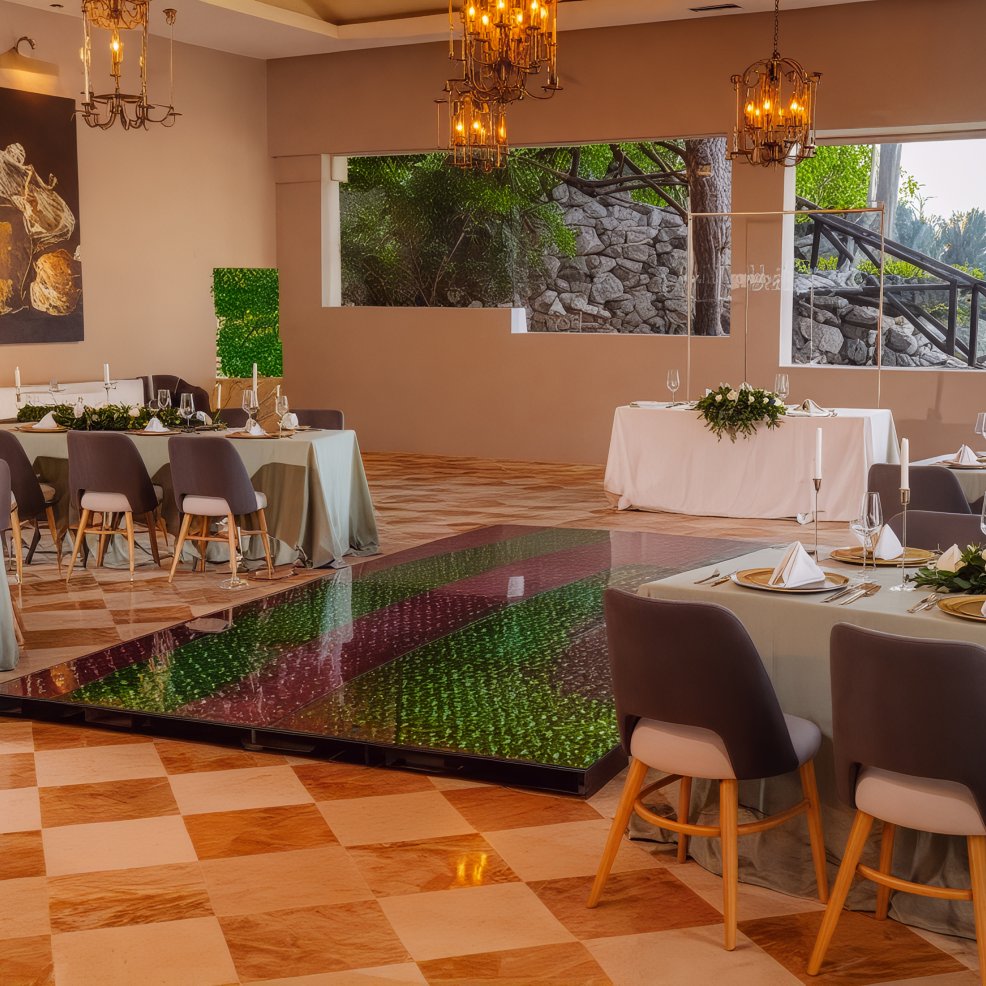 An elegant dining room prepared for a destination wedding, featuring beautifully set tables and a charming checkered floor.