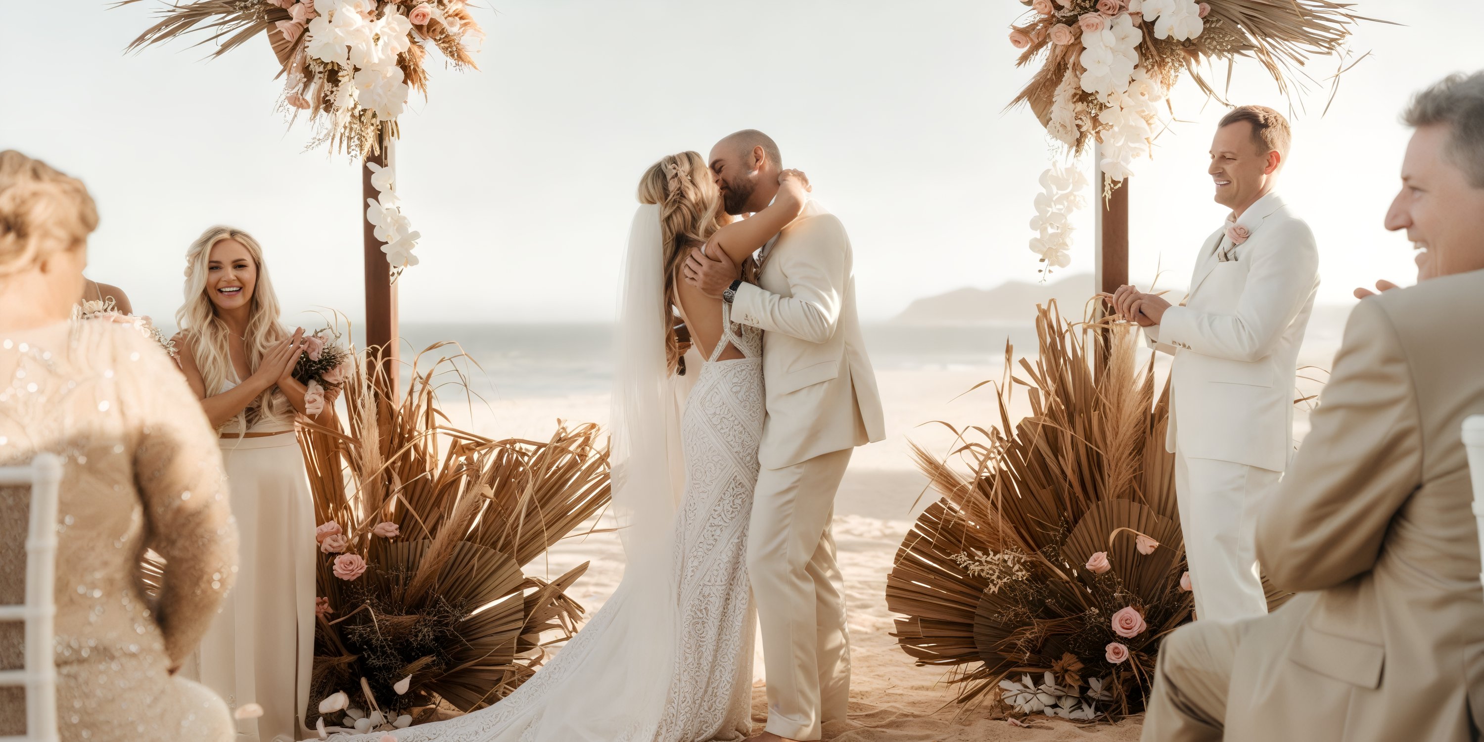 At Garza Blanca Los Cabos, amidst stunning floral decorations, a couple shares a kiss during their destination wedding.