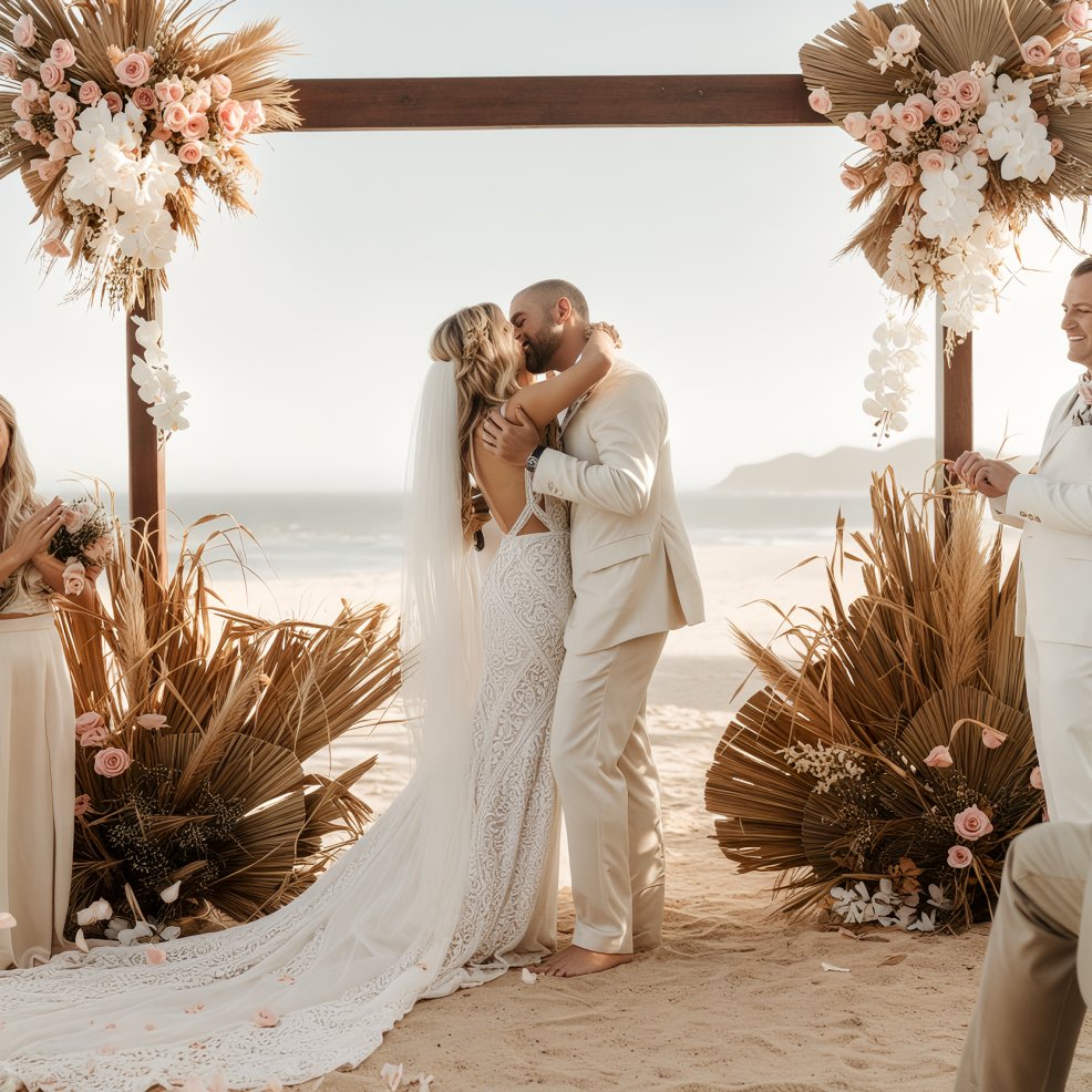 At a destination wedding set against the backdrop of the ocean, a couple shares a kiss beneath a floral arch on the beach.