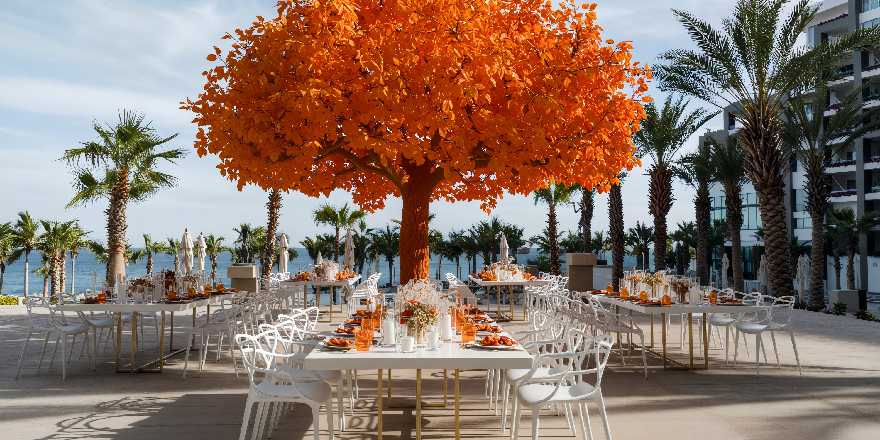 Tables are elegantly arranged under the vibrant orange foliage of a tree, offering a stunning beachfront view adorned with palm trees at Garza Blanca. This idyllic setting provides the perfect backdrop for a beautiful destination wedding.