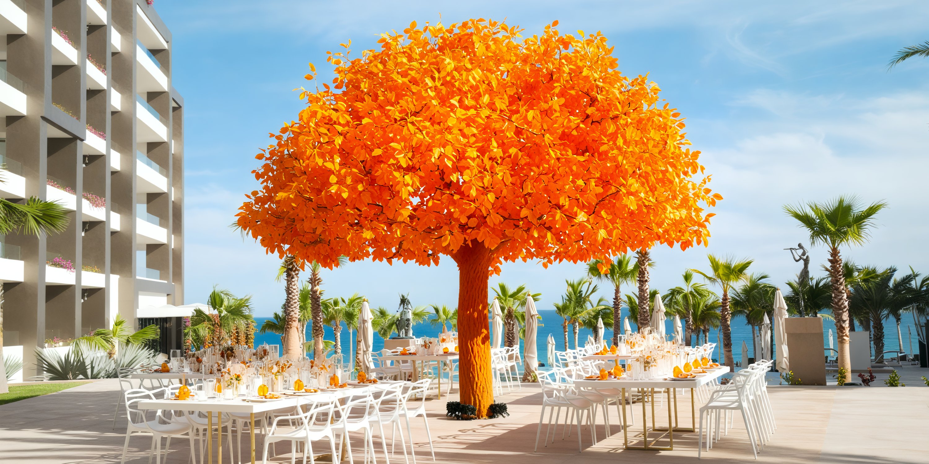 Garza Blanca Los Cabos creates a picturesque setting for destination weddings, featuring an outdoor dining area beautifully situated by the sea and surrounded by palm trees.