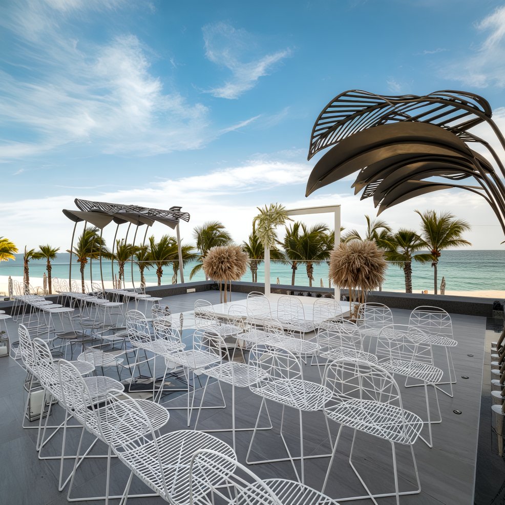 Experience a picturesque destination wedding setting featuring an inviting outdoor seating area with elegant white chairs, surrounded by lush tropical palm trees and stunning metal sculptures, all perfectly complemented by breathtaking ocean views.