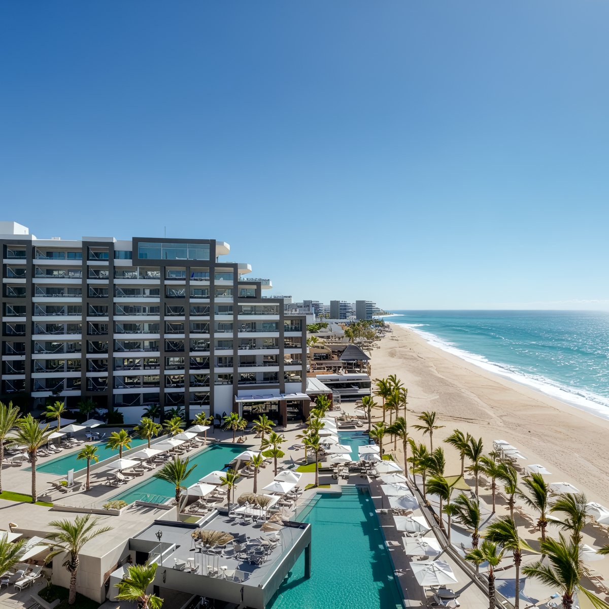 Garza Blanca Los Cabos offers a picturesque setting perfect for a destination wedding, with multiple pools, a sandy beach, and breathtaking ocean views under a clear blue sky.