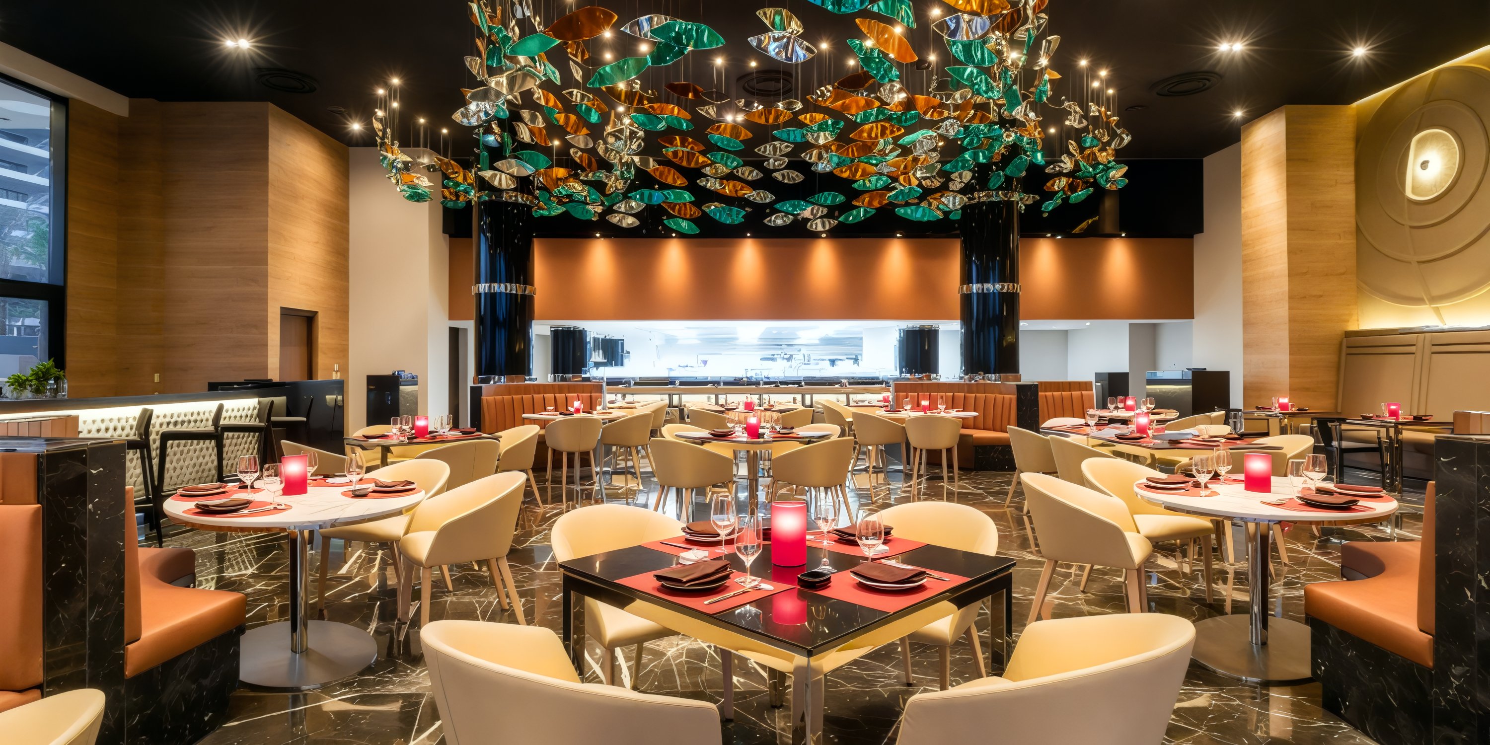 Garza Blanca Los Cabos offers an ideal setting for a destination wedding, featuring elegant decor, vibrant ceiling art, and impeccably arranged tables.