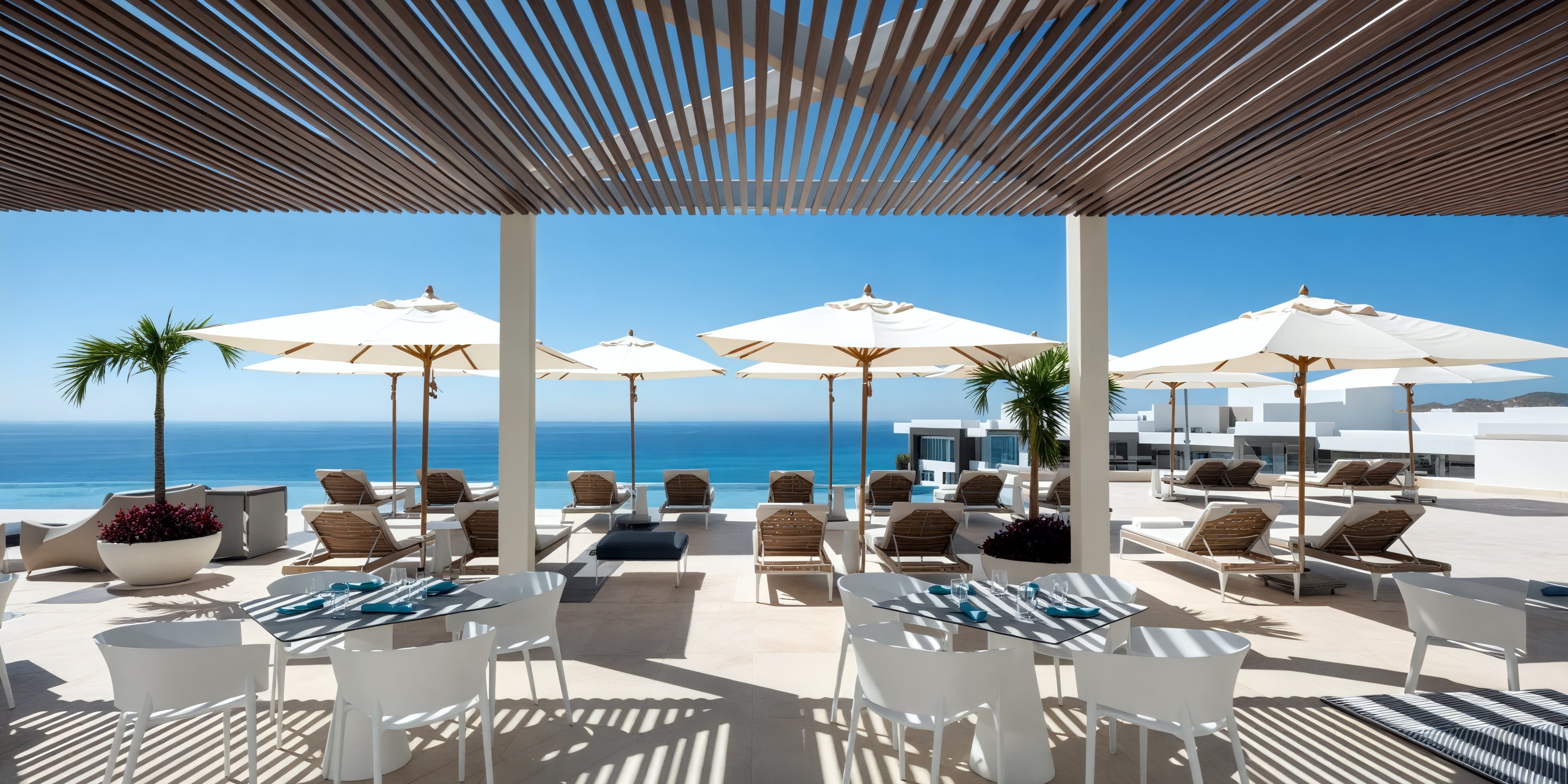 Garza Blanca Los Cabos' rooftop patio is an ideal setting for a destination wedding, featuring loungers and umbrellas where guests can relax while enjoying breathtaking ocean views in the sun.