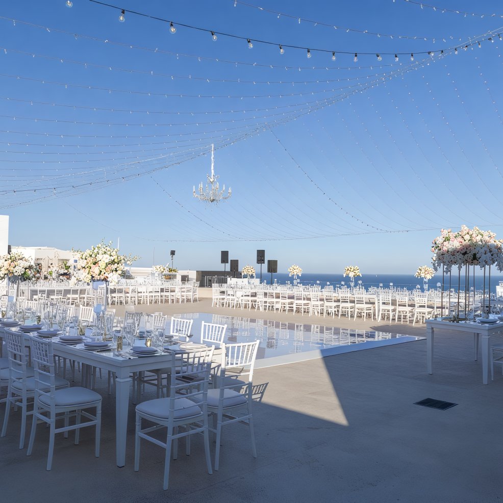 A destination wedding features an outdoor setup complete with white tables and chairs, exquisite floral arrangements, and enchanting hanging string lights.