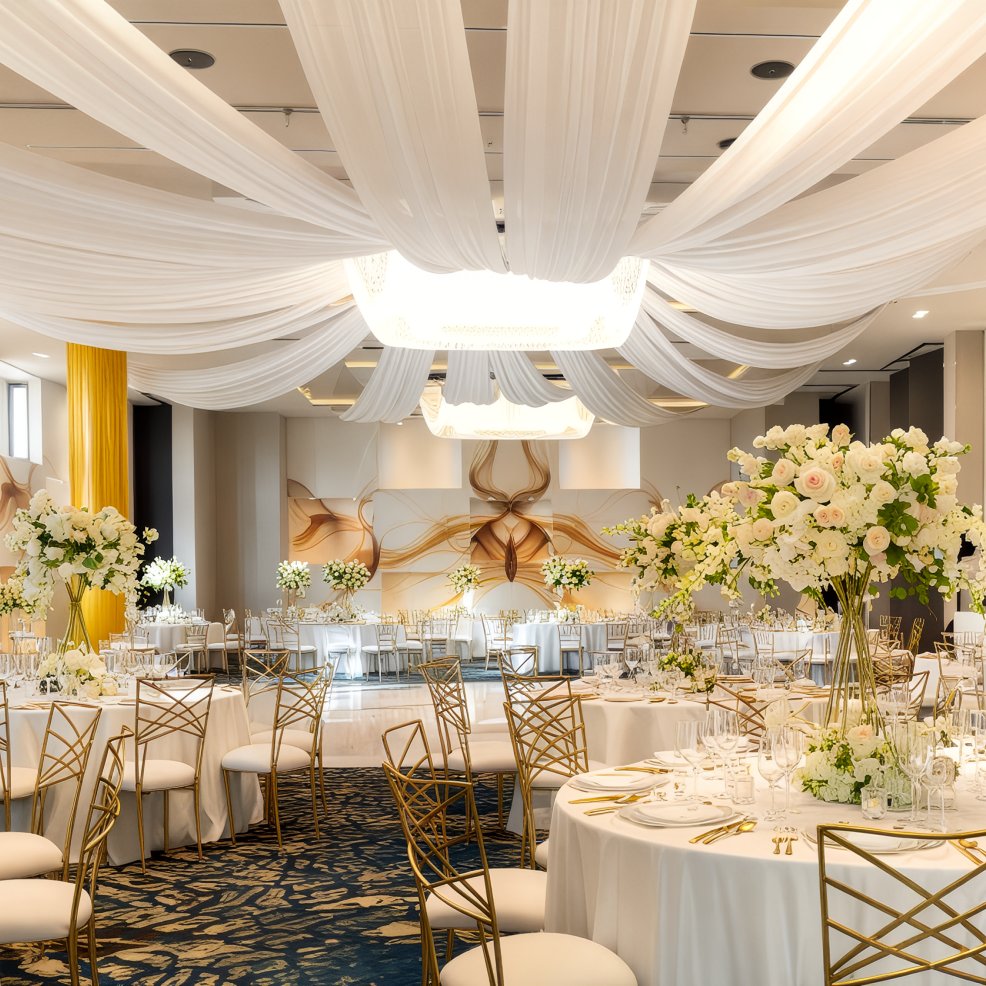 Exquisite destination wedding reception featuring white drapery, floral centerpieces, and elegant gold chairs.