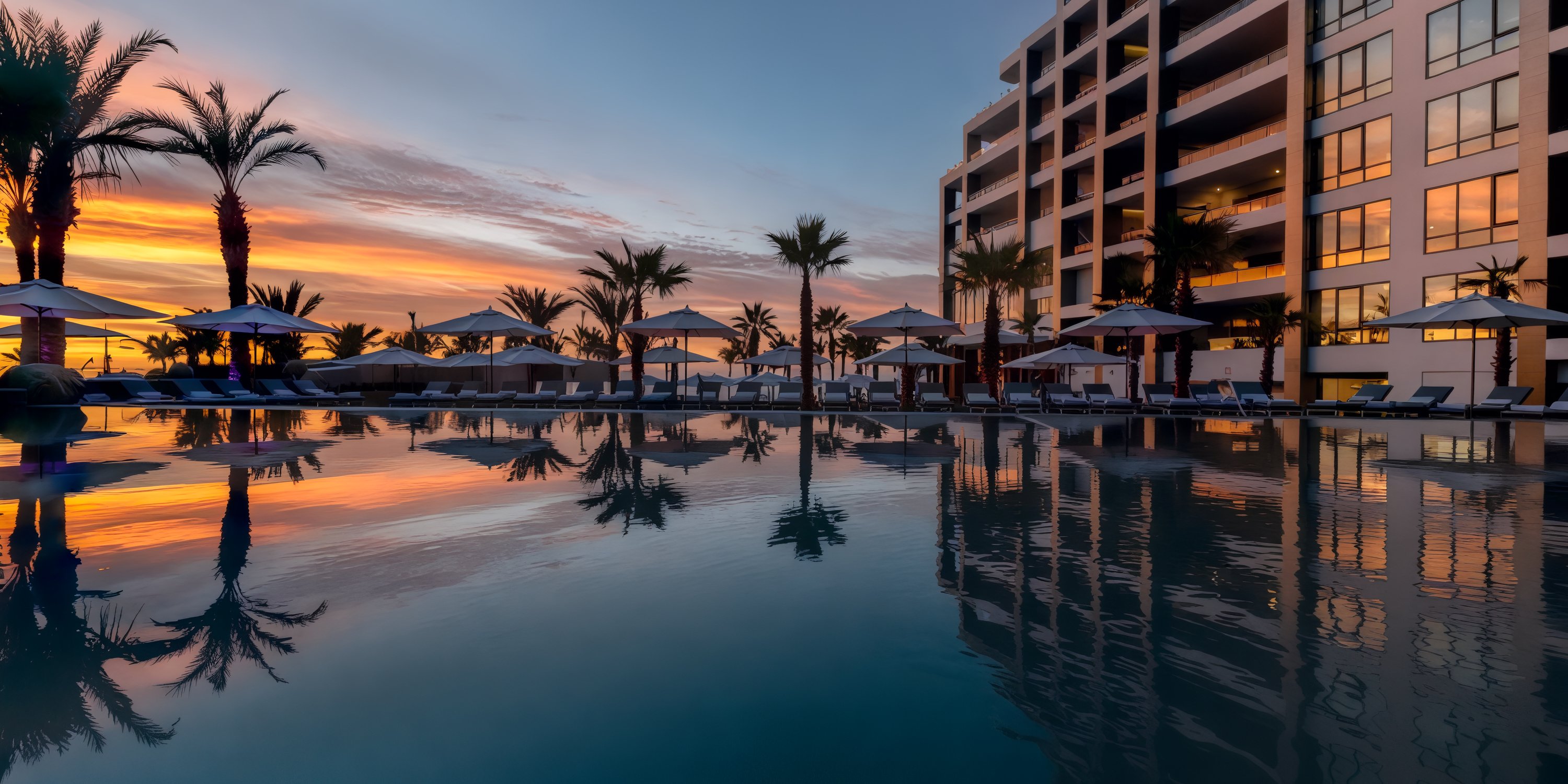 Garza Blanca Los Cabos: The perfect setting for a destination wedding, featuring a stunning sunset pool surrounded by palm trees, with beautiful reflections in the water, alongside elegant umbrellas and comfortable loungers.