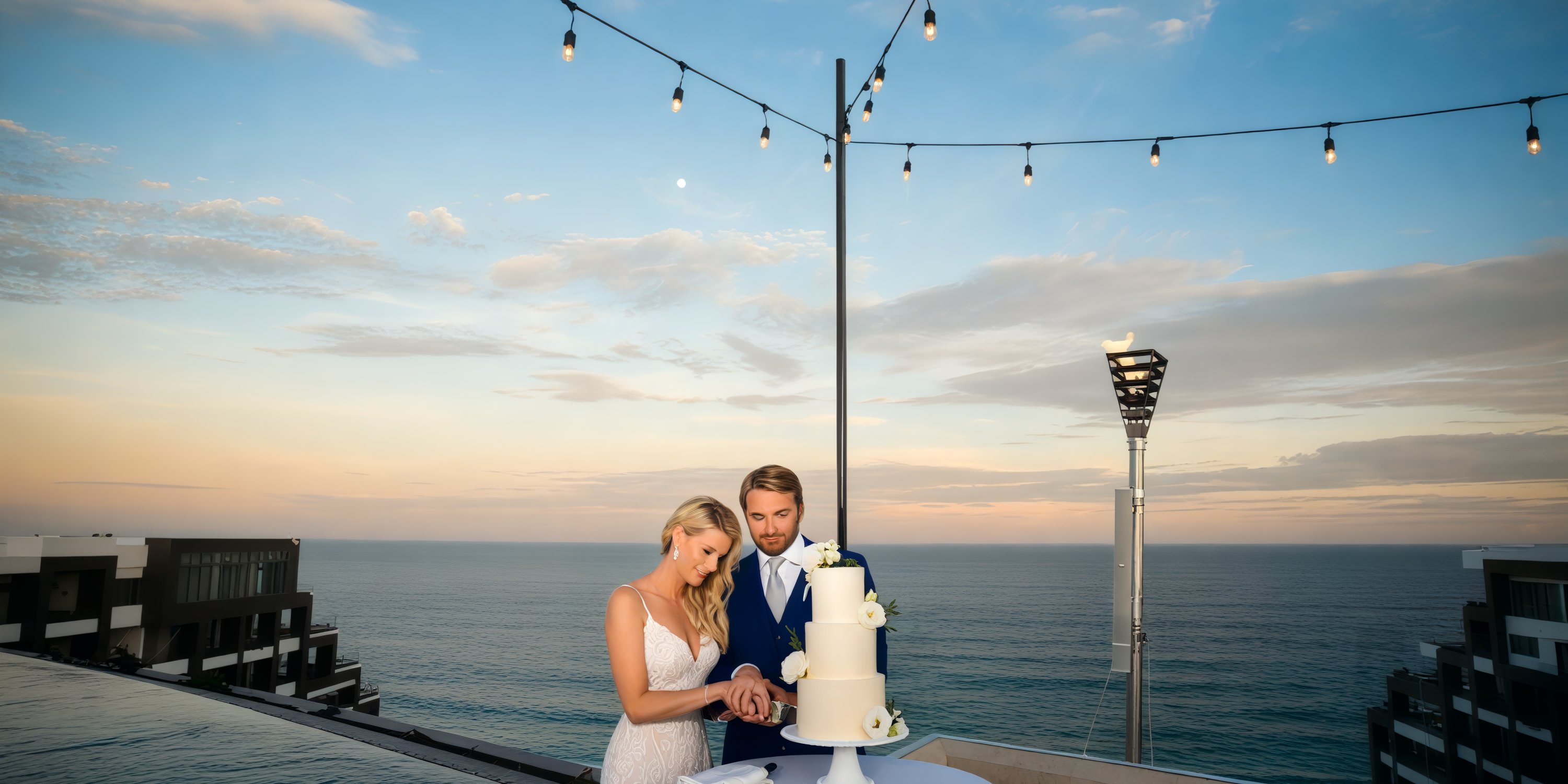 The couple celebrates their destination wedding by cutting the cake at Garza Blanca Los Cabos, with an ocean sunset and twinkling string lights creating a magical ambiance.