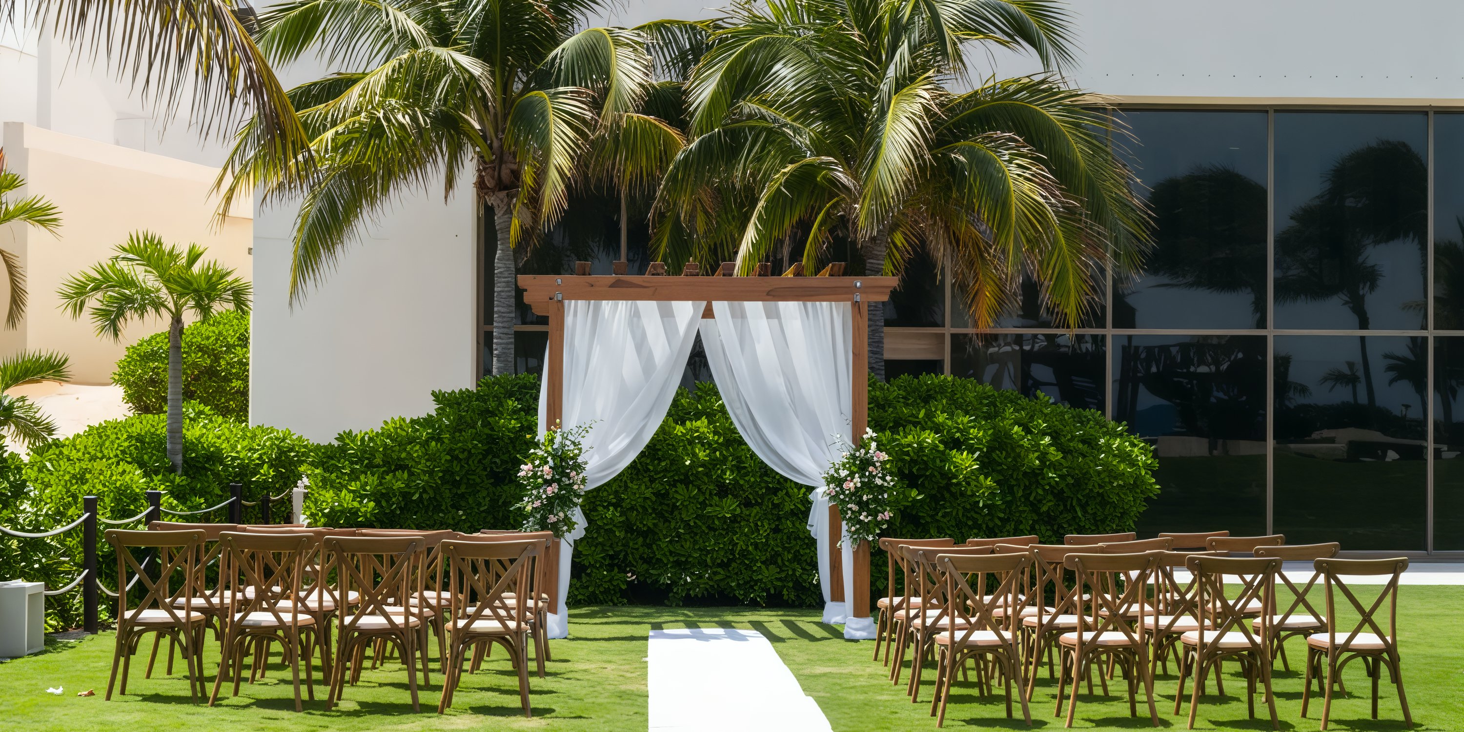 A destination wedding scene featuring an outdoor setup complete with chairs, a beautifully adorned arch, and picturesque palm trees.