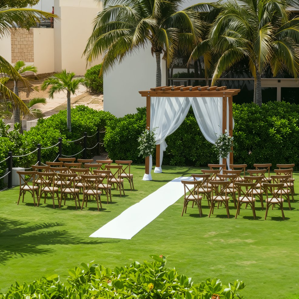 A picturesque outdoor destination wedding arrangement features chairs and a white archway gracefully positioned on a lush grassy lawn.