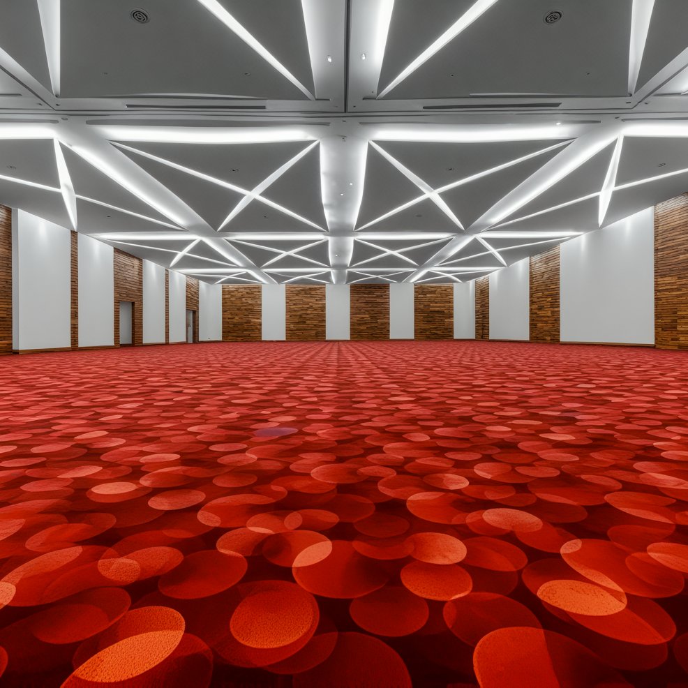 A spacious room adorned with geometric ceiling lights and a red circular-patterned carpet, perfect for hosting a destination wedding.