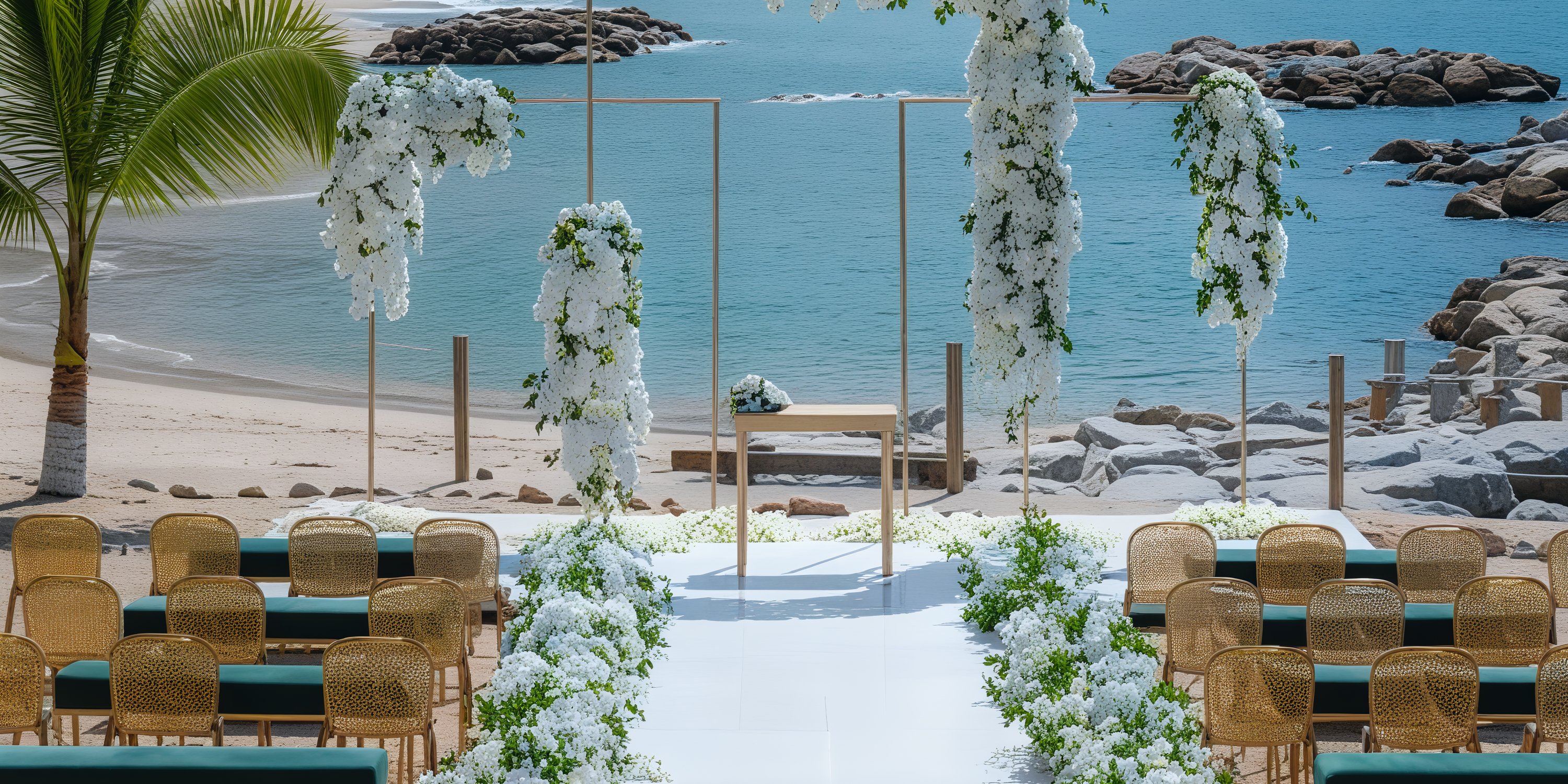 Destination wedding arrangement featuring a floral arch, seating, and a stunning ocean view.