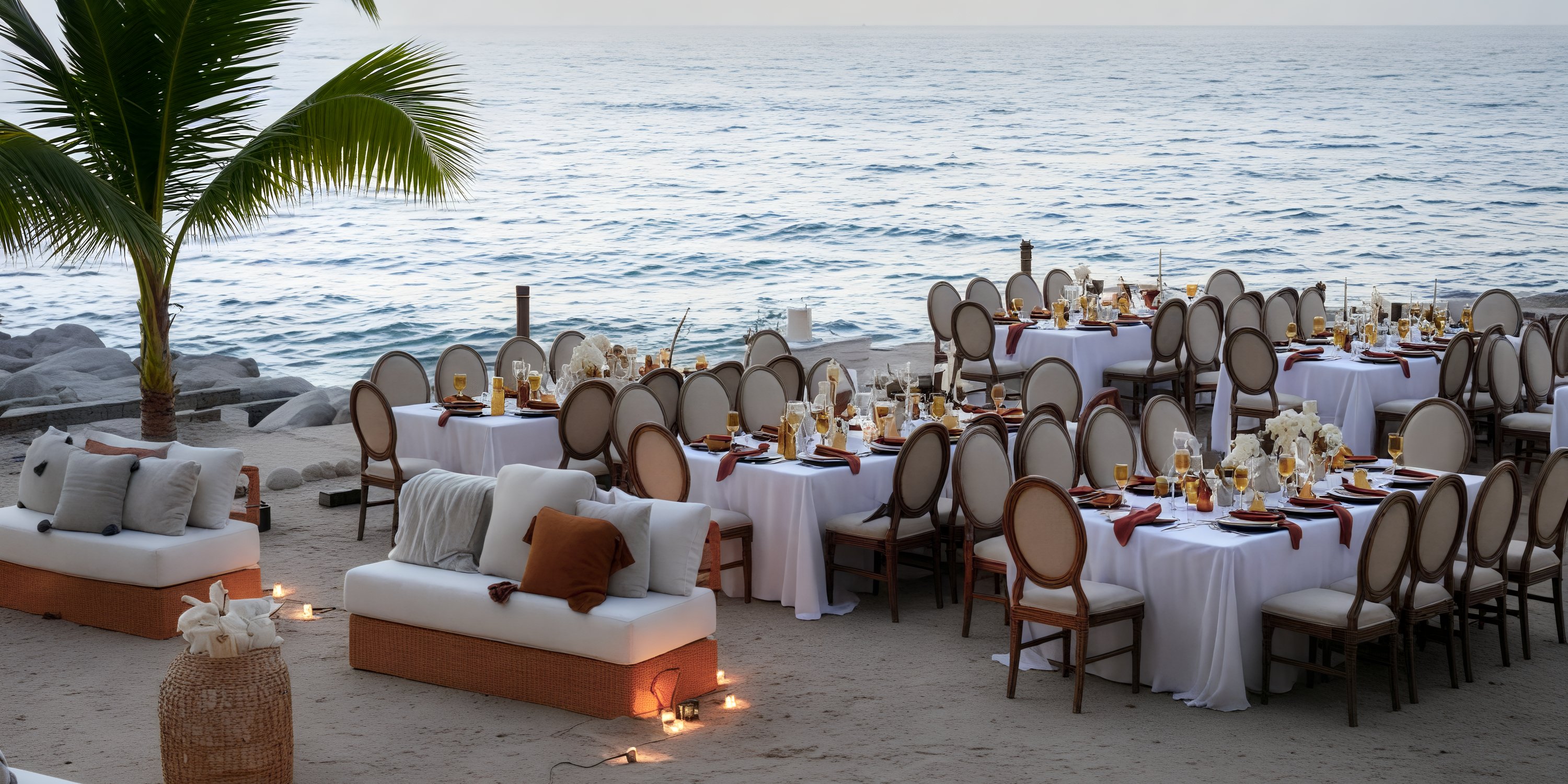 A picturesque destination wedding setup featuring tables and chairs elegantly arranged for outdoor dining, all perfectly positioned to overlook the stunning ocean.