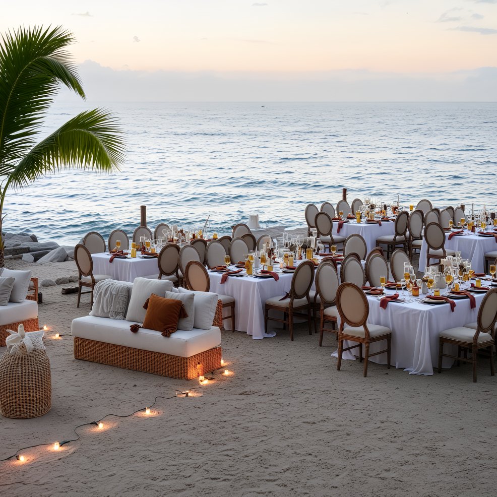 Wedding dining setup featuring white tablecloths and wicker furniture elegantly arranged near the ocean, perfect for a destination wedding.